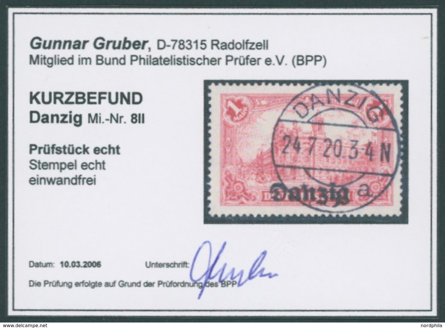 FREIE STADT DANZIG 8II O, 1920, 1 M. Rot Mit Plattenfehler Untere Hälfte Der Fahnenschnur Am Rechten Bildrand Fehlt, Zei - Sonstige & Ohne Zuordnung