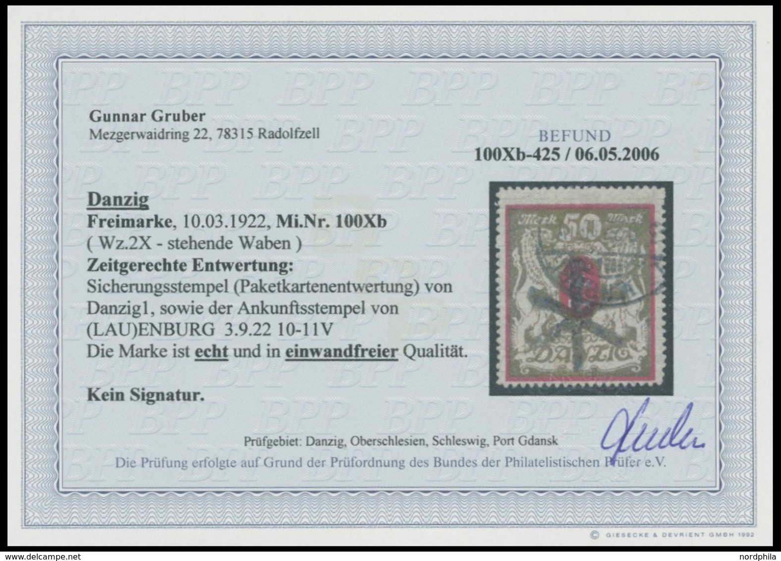 FREIE STADT DANZIG 100Xb O, 1922, 50 M. Lilarot/gold, Wz. X, Zeitgerechte Entwertung DANZIG 5, Pracht, Fotobefund Gruber - Otros & Sin Clasificación