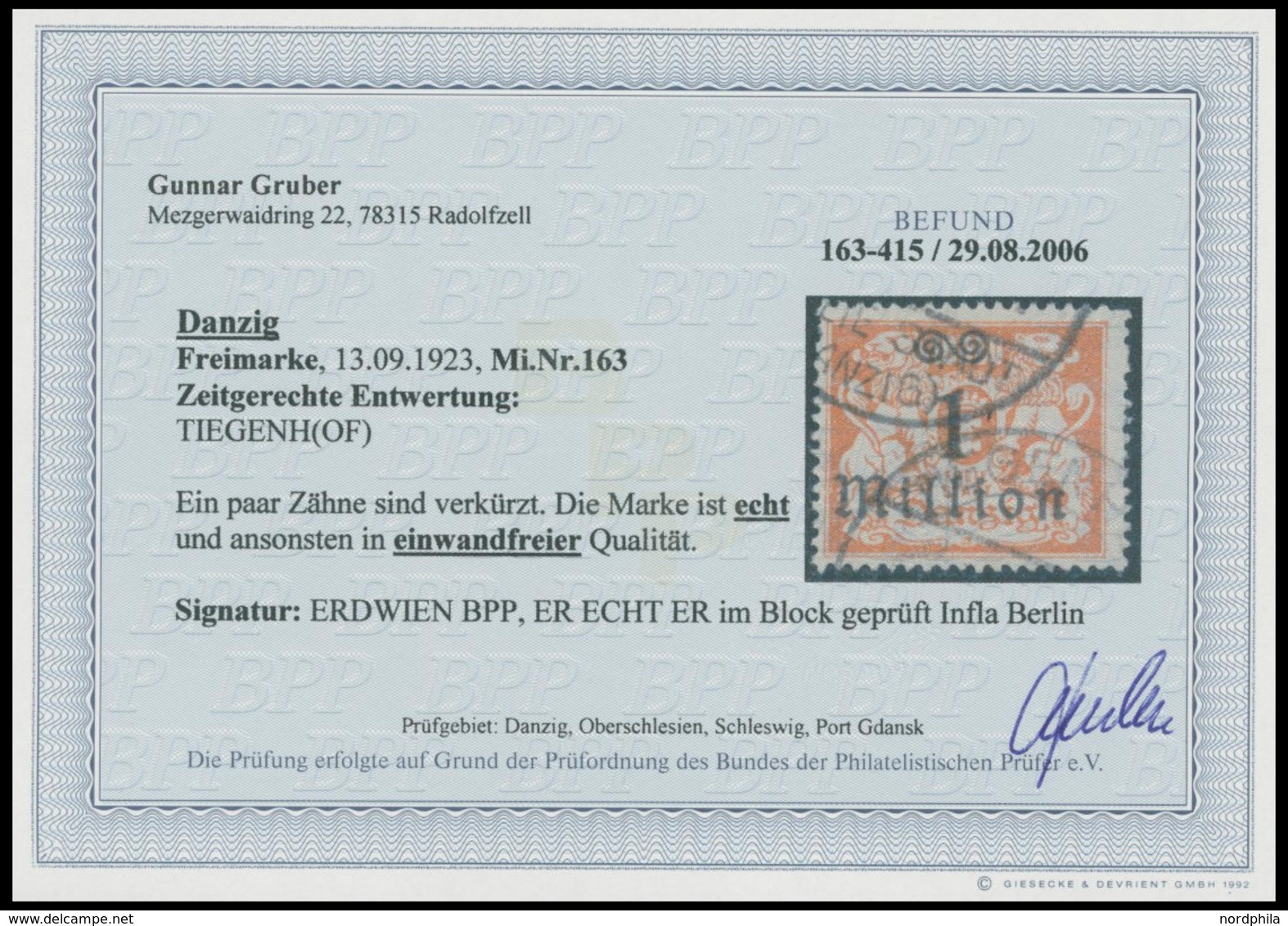 FREIE STADT DANZIG 163 O, 1923, 1 Mio. Auf 10000 M. Rotorange, Zeitgerechte Entwertung TIEGENH(OF), Ein Paar Verkürzte Z - Autres & Non Classés