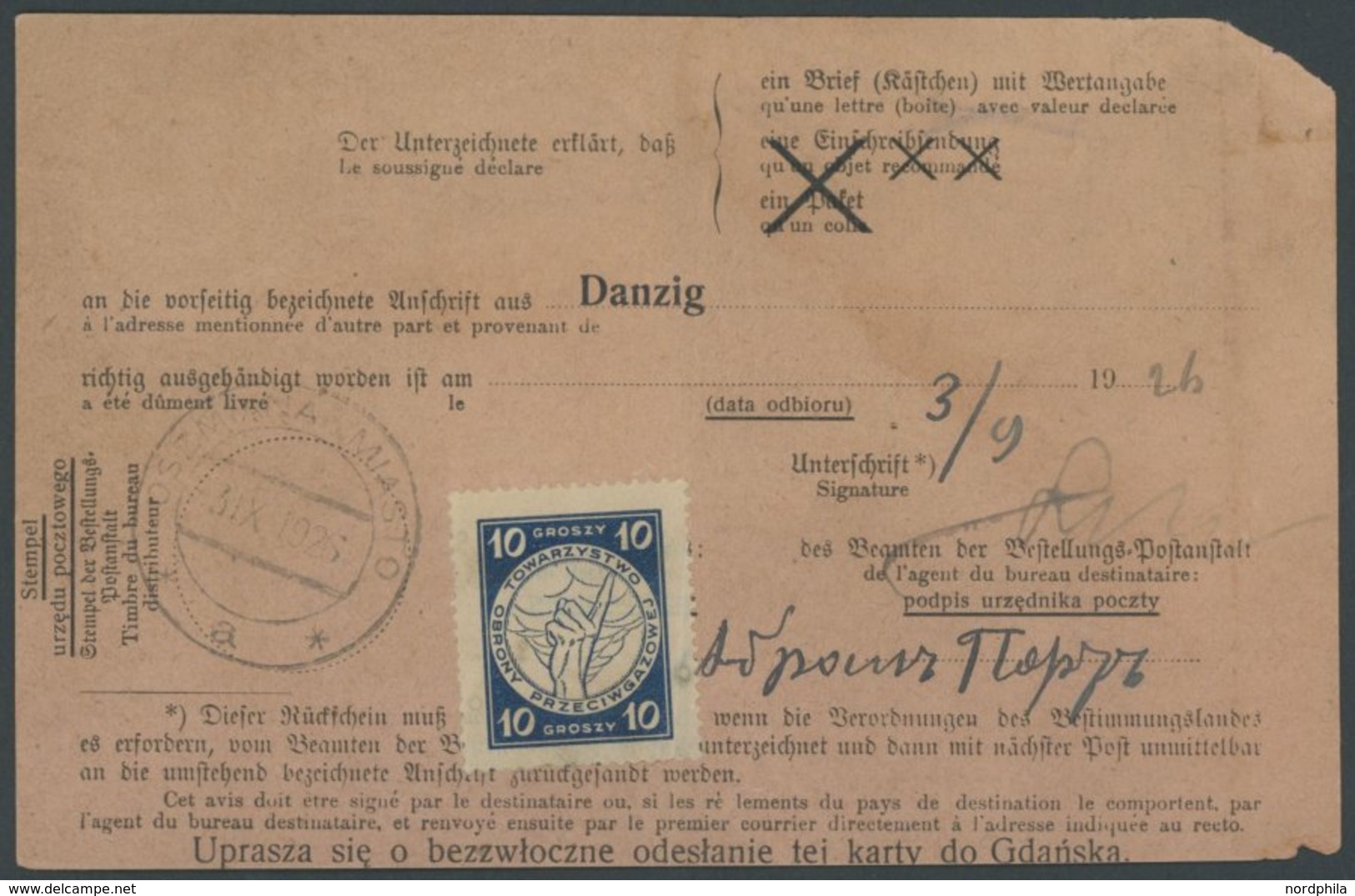 FREIE STADT DANZIG 1926, Geldbrief-Rückschein (geschnitten Auf Briefgröße) Der Postverwaltung Danzig, Zurück Aus Polen M - Sonstige & Ohne Zuordnung