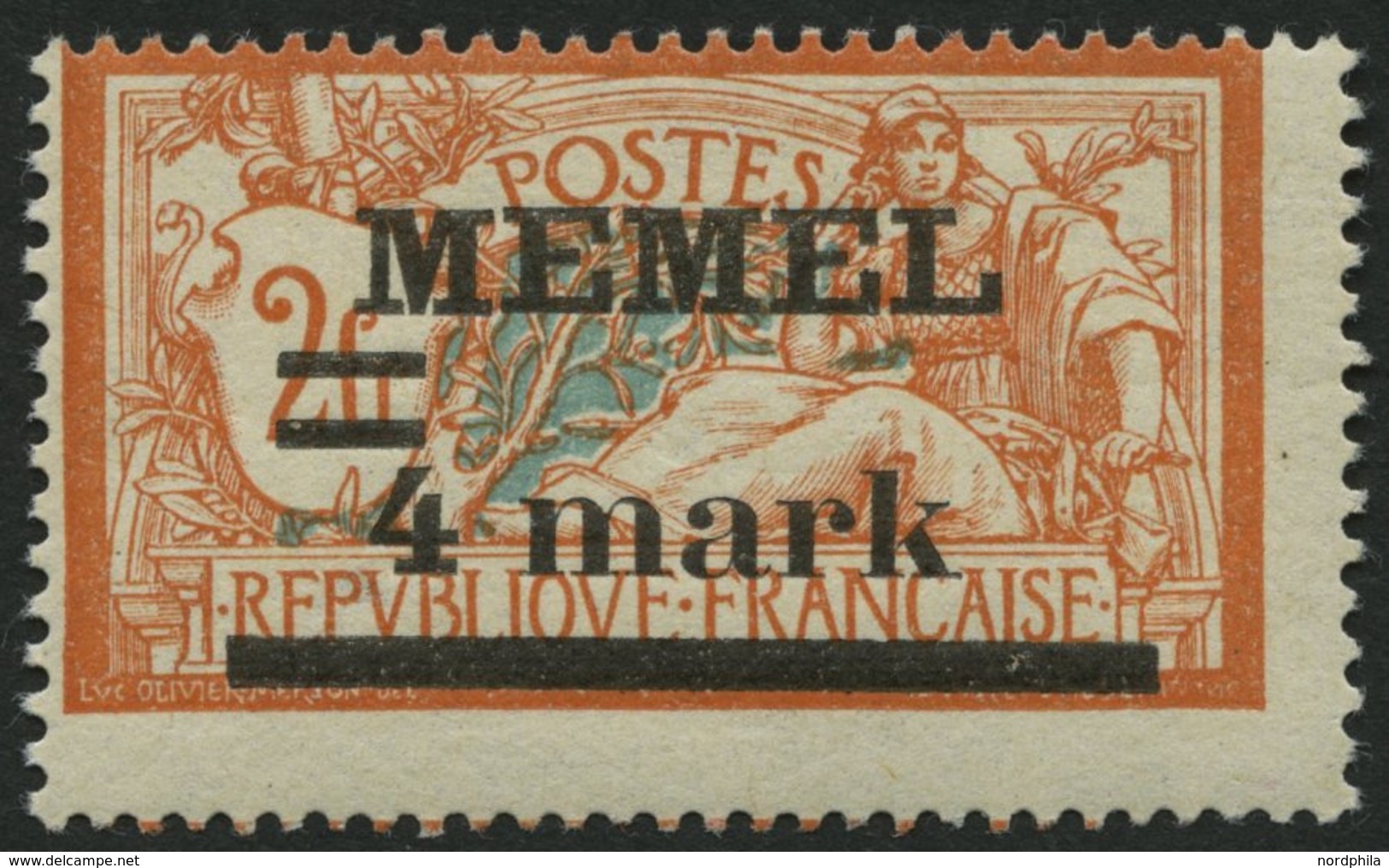 MEMELGEBIET 31yIPF Ia **, 1920, 4 M. Auf 2 Fr. Rötlichorange/hellgrünlichblau, Type I, Mit Abart Querbalken Der 4 Verdic - Memel (Klaipeda) 1923