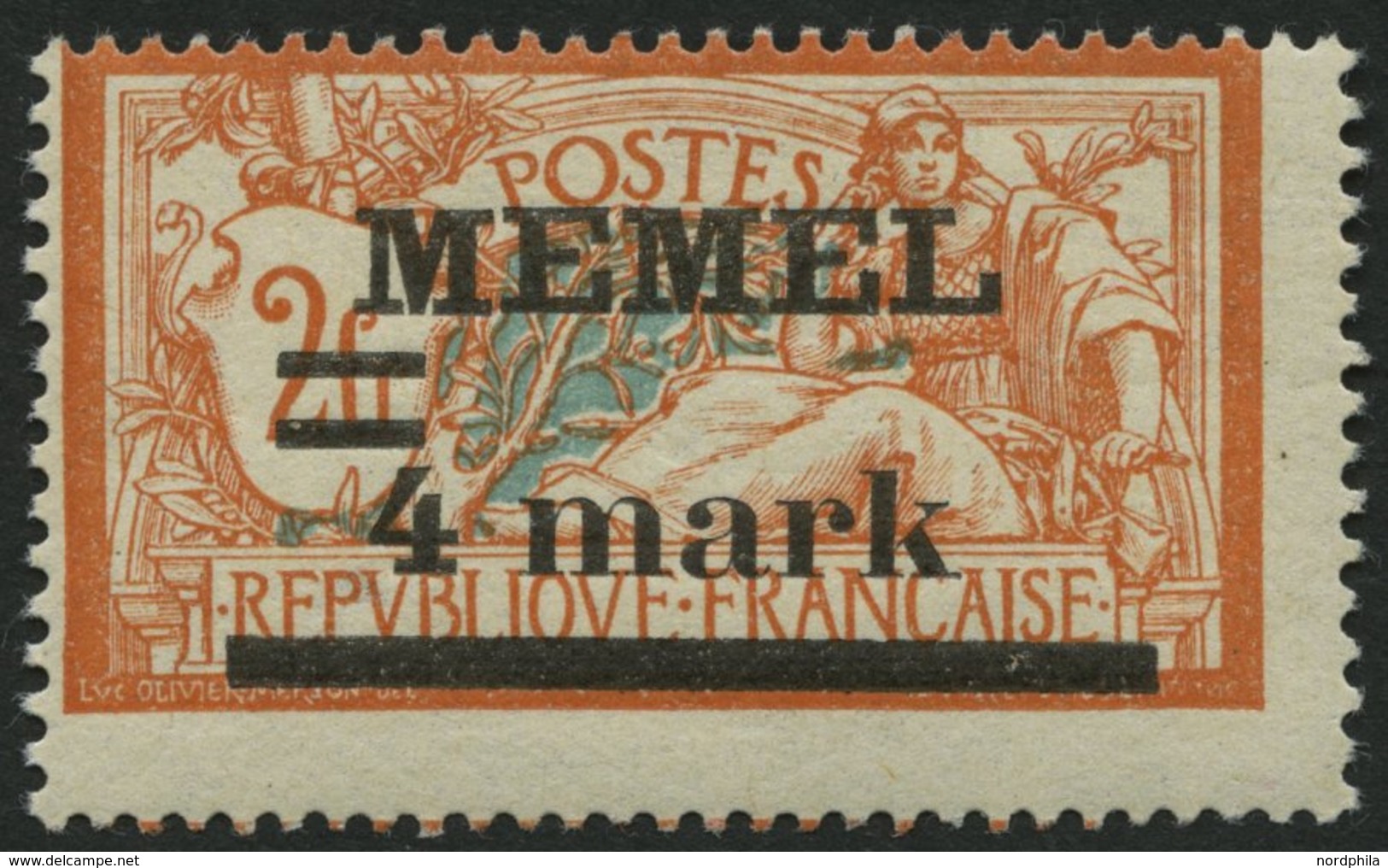 MEMELGEBIET 31yIPF Ia **, 1920, 4 M. Auf 2 Fr. Rötlichorange/hellgrünlichblau, Type I, Mit Abart Querbalken Der 4 Verdic - Klaipeda 1923