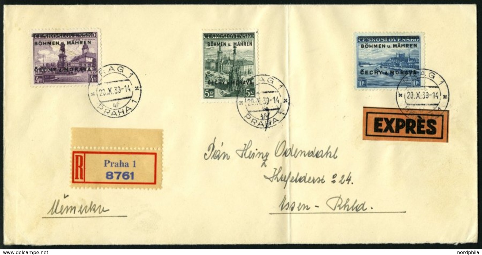 BÖHMEN UND MÄHREN 17-19 BRIEF, 1939, 4 - 10 Kc. Landschaften Auf Eil-Einschreibbrief (senkrecht Gefaltet) Von PRAG Nach  - Other & Unclassified
