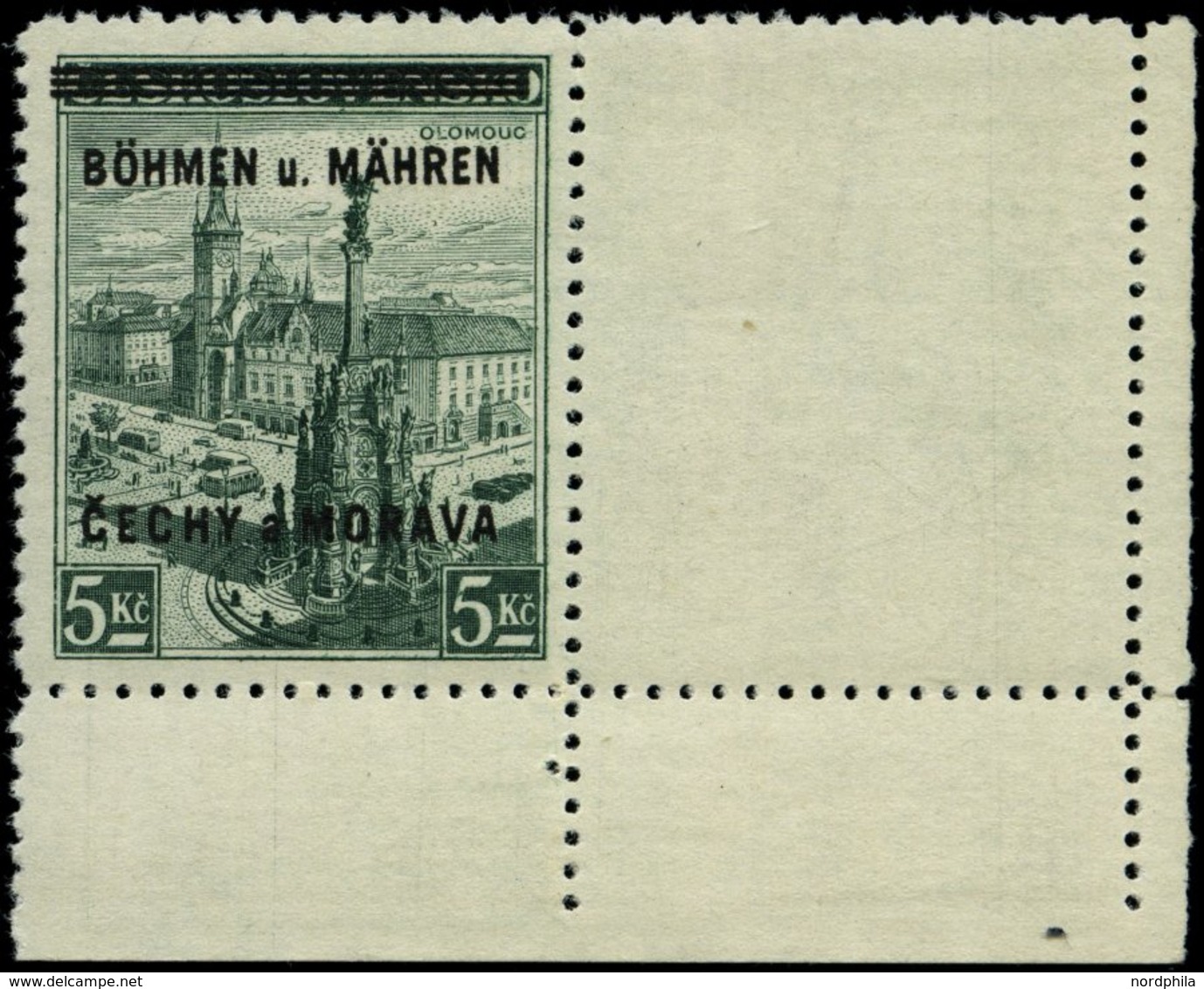 BÖHMEN UND MÄHREN 18LW **, 1939, 5 Kc. Olmütz Mit Waagerechtem Leerfeld, Bogenecke, Pracht, Gepr. Gilbert, Mi. (50.-) - Sonstige & Ohne Zuordnung