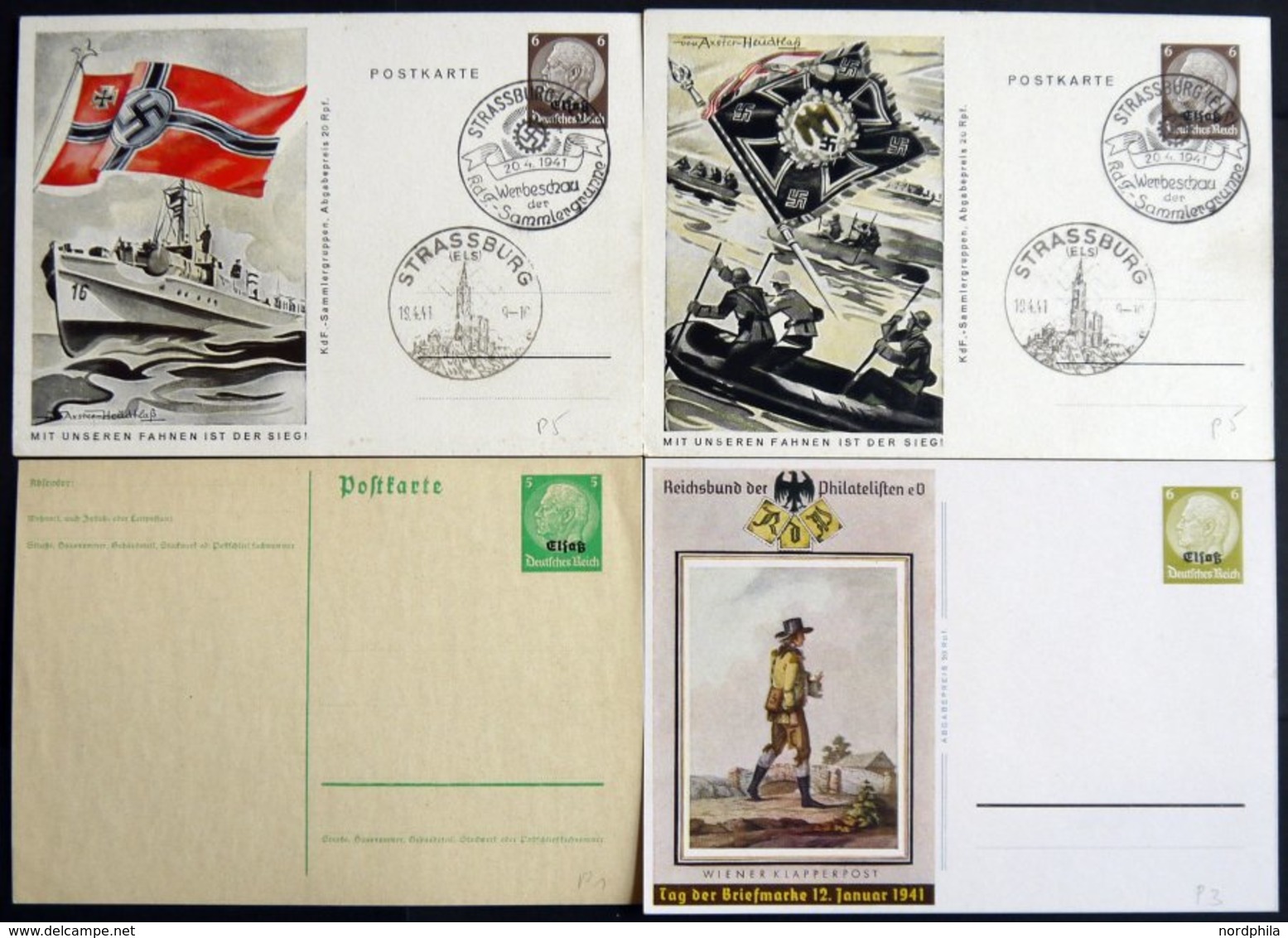 ELSASS P BRIEF, 1940/1, 4 Verschiedene Ungebrauchte Ganzsachenkarten, 2 Davon Leer Gestempelt Mit Sonderstempel (P 1,3,  - Occupazione 1938 – 45