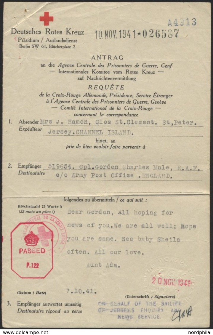 JERSEY 1941, Antrag Auf Nachrichtenvermittlung Des Deutschen Roten Kreuzes, Absender In St. Peter, Jersey, Pracht - Occupation 1938-45