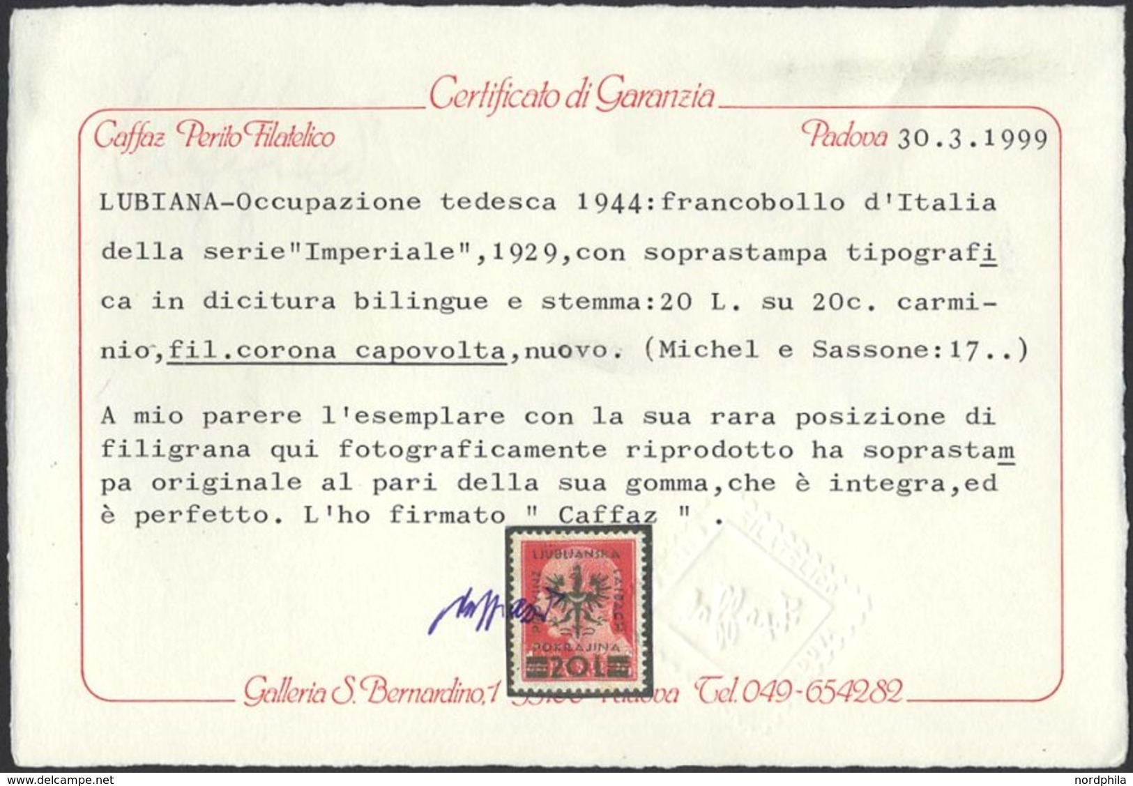 LAIBACH 17Z **, 1944, 20 L. Auf 20 C. Karmin Mit Kopfstehendem Wz., Pracht, RR!, Fotoattest Caffaz Perito Filatelico, Mi - Ocupación 1938 – 45
