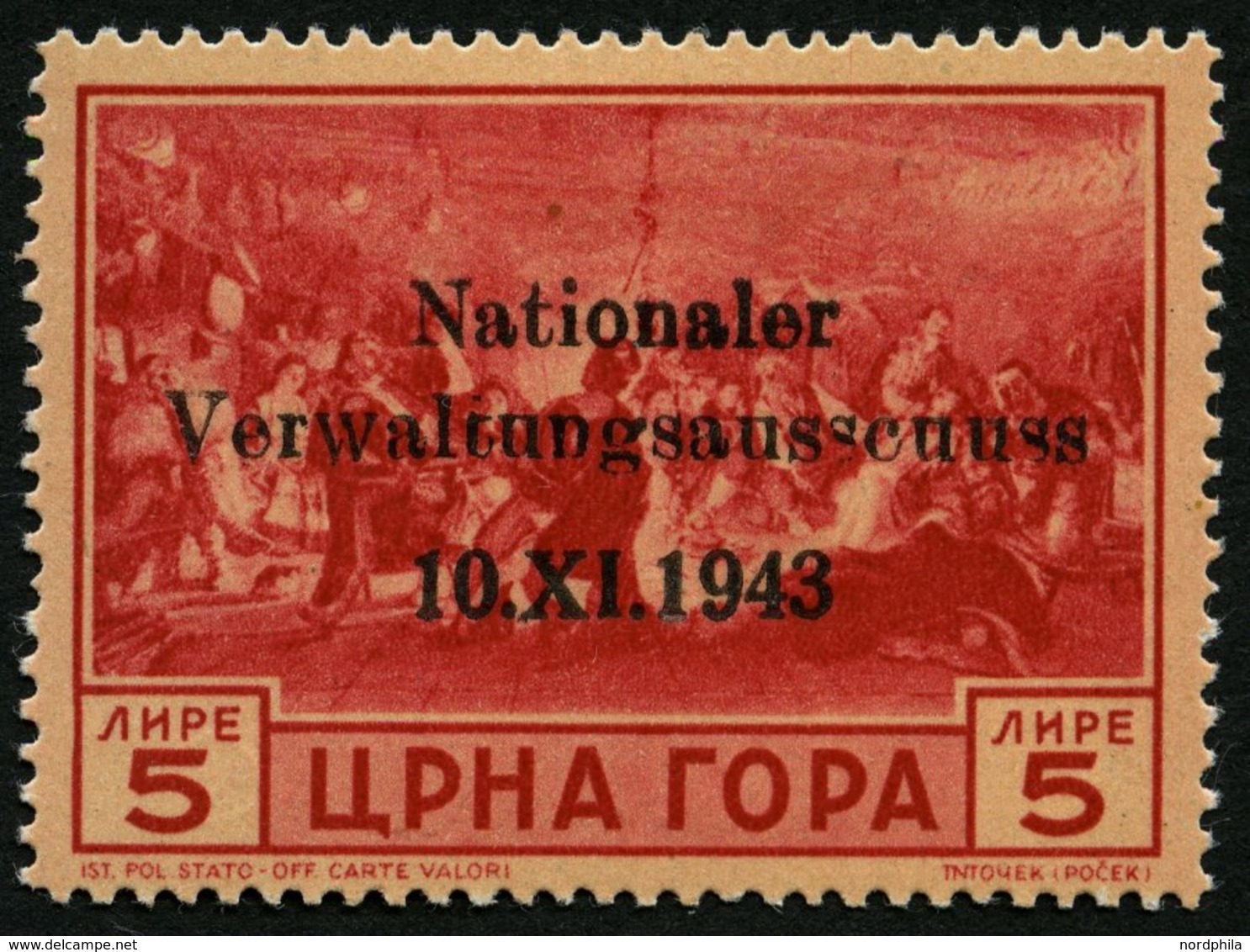 MONTENEGRO 14I *, 1943, 5 L. Nationaler Verwaltungsausschuss Mit Setzfehler Scuus, Falzrest, Pracht, Fotoattest Krischke - Ocupación 1938 – 45