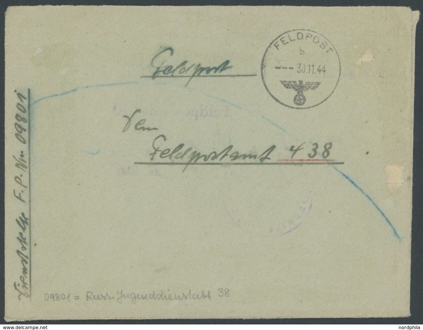 FELDPOST II. WK BELEGE 1944, Feldpostbrief Der Russischen Jugenddienstabteilung 38, Feldpost-Nr. 09801, An Das Feldposta - Occupazione 1938 – 45