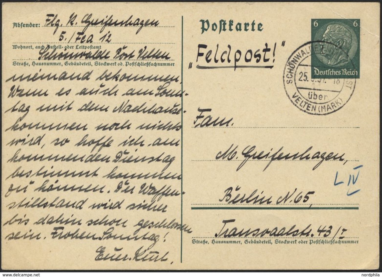 FELDPOST II. WK BELEGE P 226 BRIEF, 1937, 6 Pf. Graugrün Ganzsachen-Manöverkarte Mit Absender Flieger 5/Fea 12/Schönwald - Besetzungen 1938-45