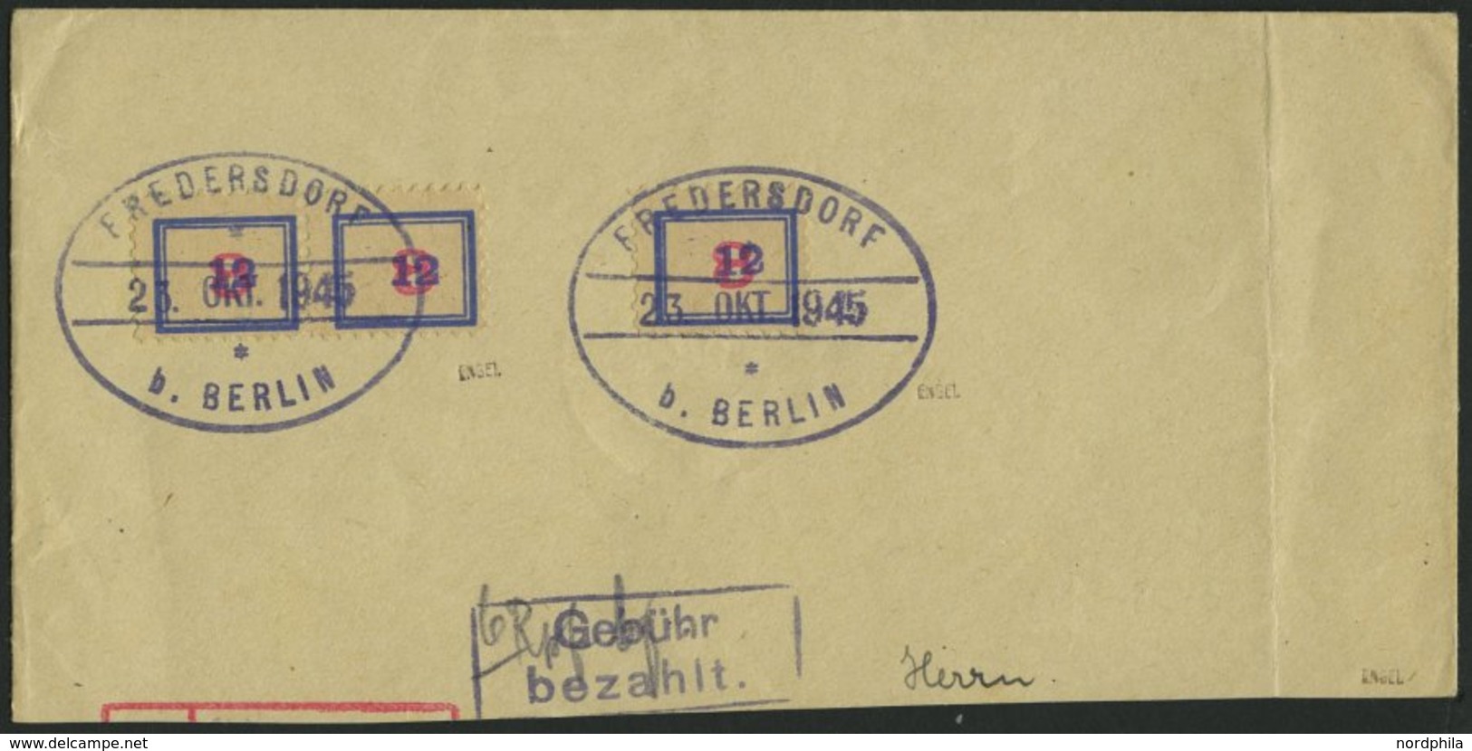 FREDERSDORF Sp 125 Paar BrfStk, 1945, 12 Pf. Auf 8 Pf. Provisorium Im Waagerechten Paar Und Einzelmarke Auf Einschreibbr - Correos Privados & Locales