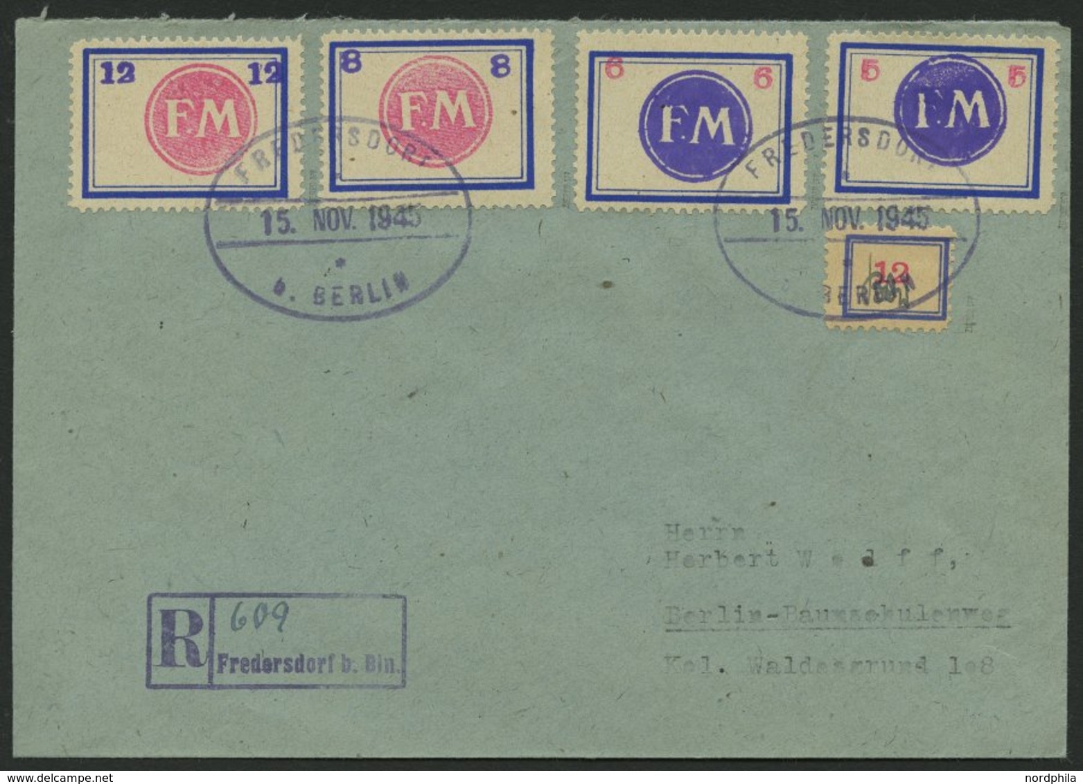 FREDERSDORF Sp124,57-60 BRIEF, 1945, 5 - 12 Pf., Rahmengröße 31x23 Mm, Kleine Wertziffern Mit 12 Pf. Zusatzfrankatur Auf - Privatpost