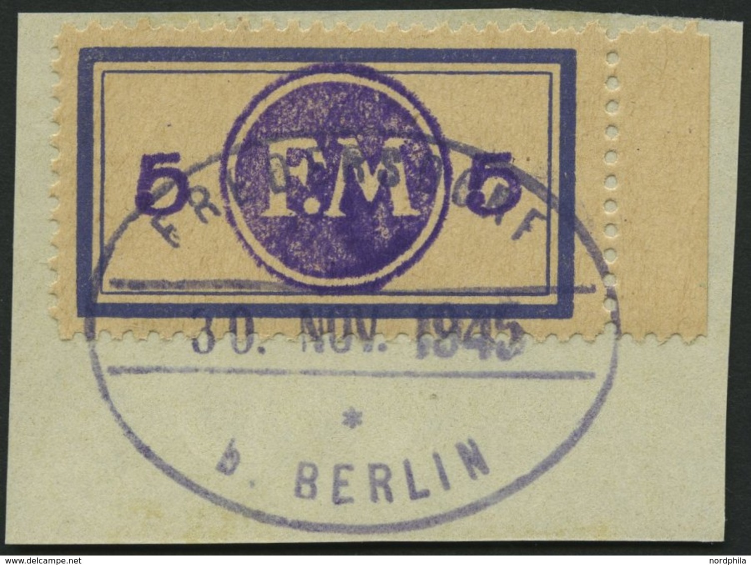 FREDERSDORF Sp 161FI BrfStk, 1945, 5 Pf., Rahmengröße 38x21 Mm, Mit Abart Aufdruck Bläulichviolett, Prachtbriefstück, Ge - Privatpost