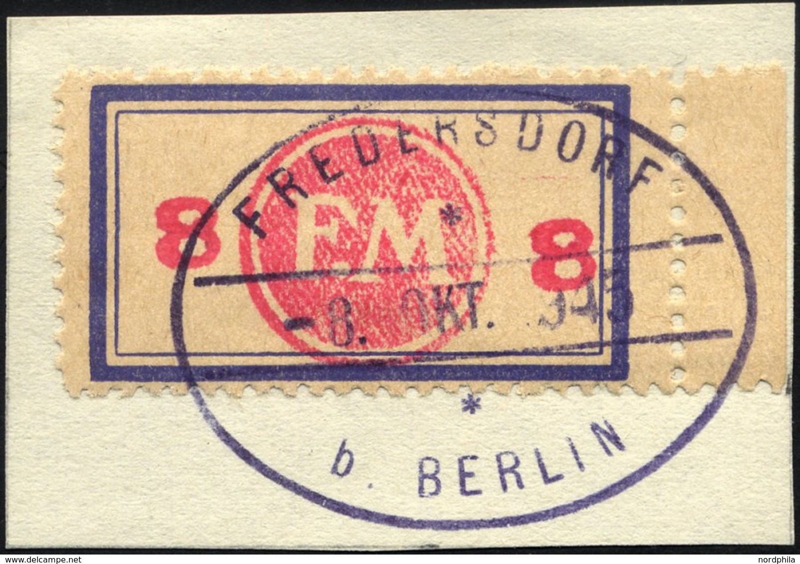 FREDERSDORF Sp 163FI BrfStk, 1945, 8 Pf., Rahmengröße 38x21 Mm, Mit Abart Aufdruck Mittelrosa, Prachtbriefstück, Signier - Privatpost