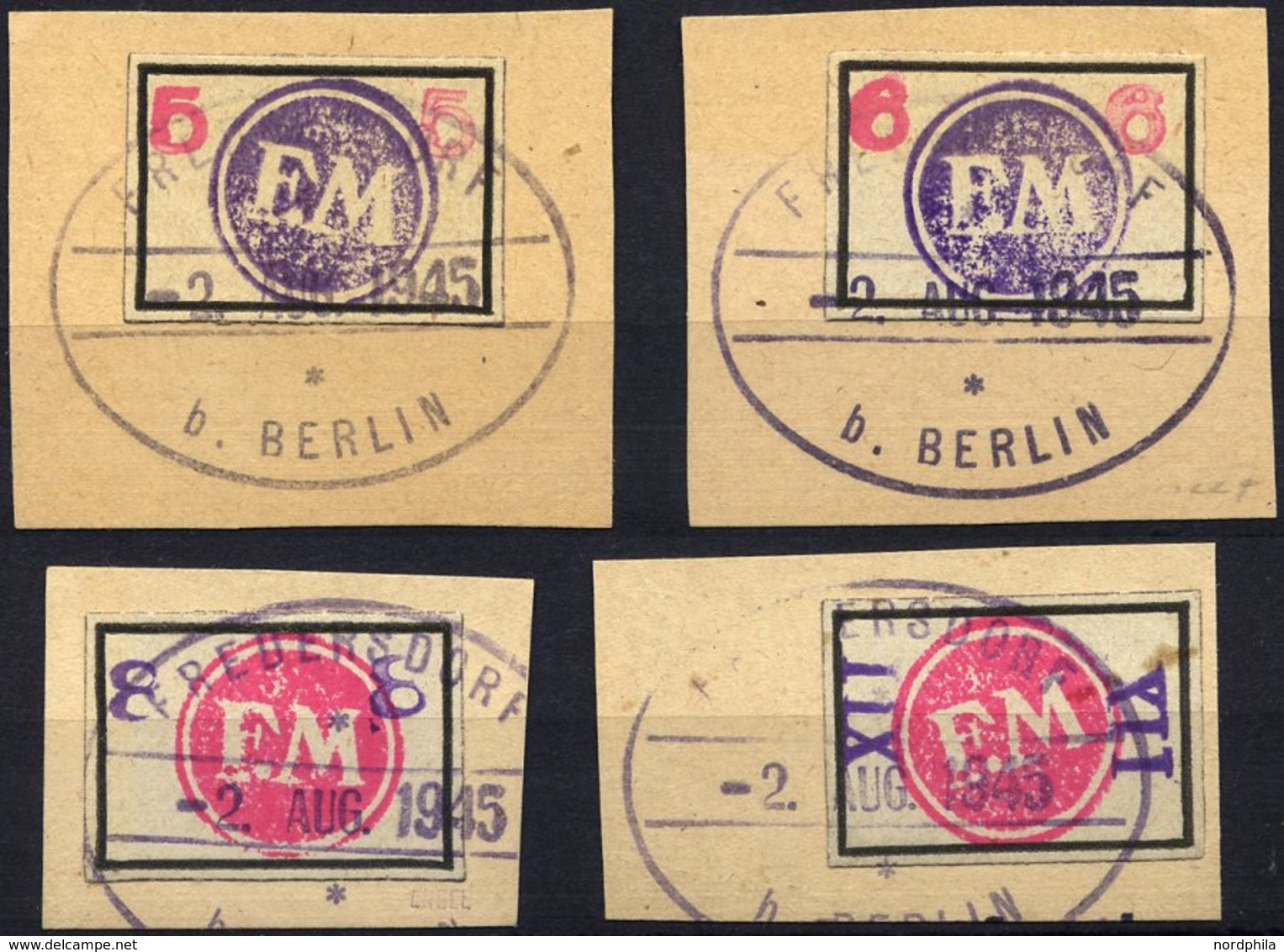 FREDERSDORF Sp 226-29 BrfStk, 1945, 5 - XII Pf., Rahmengröße 28x19 Mm, Große Wertziffern, Mit Stempeln Vom 2. August, 4  - Privatpost