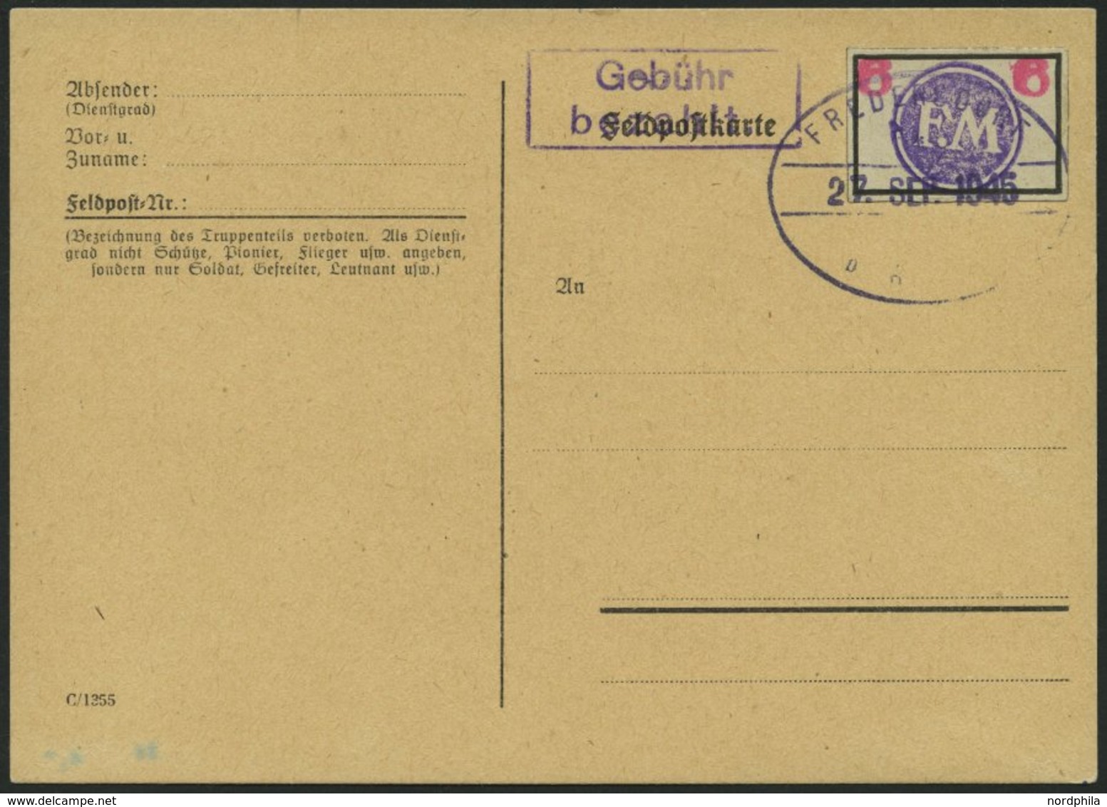 FREDERSDORF Sp 227 BRIEF, 1945, 6 Pf., Rahmengröße 28x19 Mm, Große Wertziffern, Leer Gestempelt Auf Karte Mit Stempel Vo - Privatpost