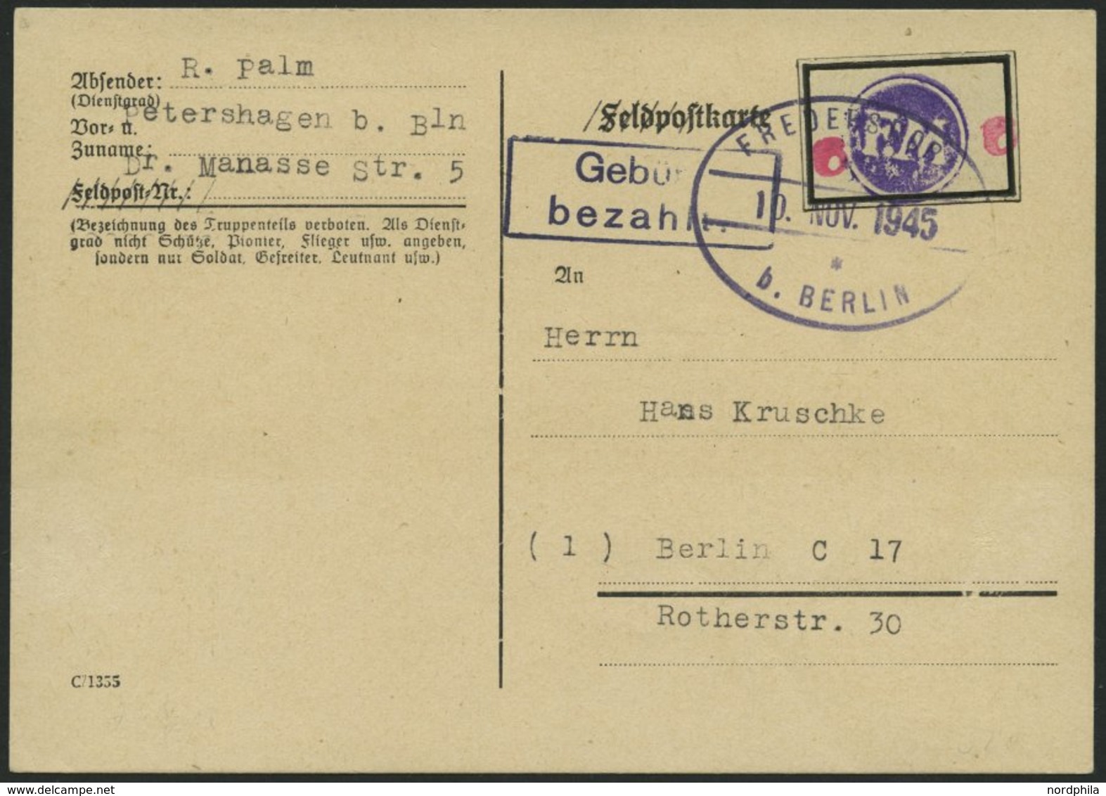 FREDERSDORF Sp 227FII BRIEF, 1945, 6 Pf., Rahmengröße 28x19 Mm, Große Wertziffer, Mit Abart Wertziffern Seitlich Auf Pra - Postes Privées & Locales