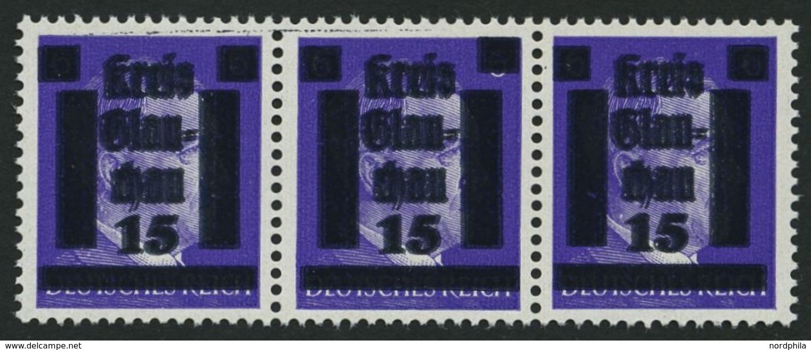 GLAUCHAU 5aDDI **, 1945, 15 Auf 6 Pf. Lebhaftblauviolett Doppelaufdruck Im Waagerechten Dreierstreifen, Ein Wert Mit Aba - Correos Privados & Locales