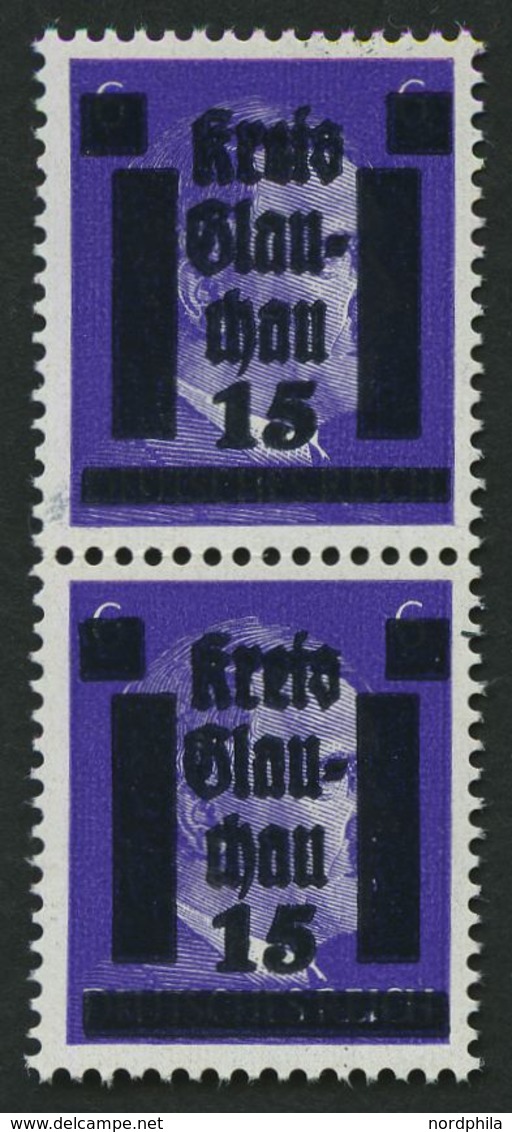 GLAUCHAU 5aDDIIIa Paar **, 1945, 15 Auf 6 Pf. Lebhaftblauviolett Doppelaufdruck Im Senkrechten Paar, Ein Wert Mit Abart  - Privatpost