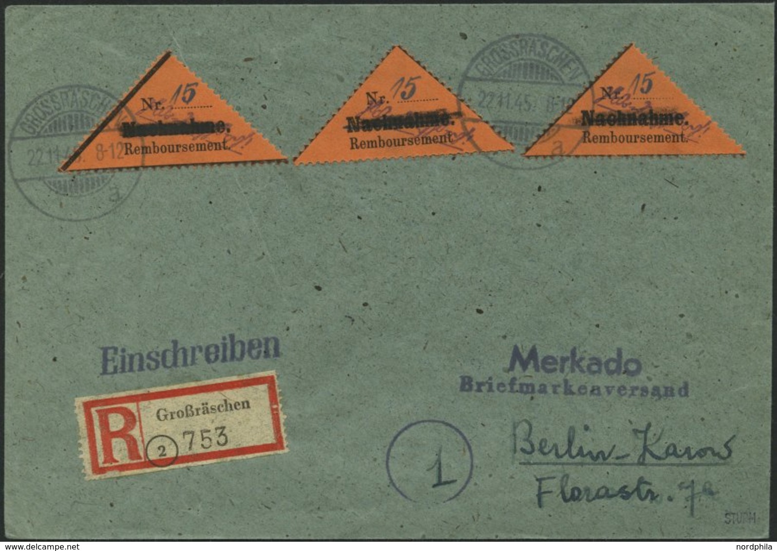 GROSSRÄSCHEN-VORLÄUFER V 2AI BRIEF, 1945, 15 Pf. Schwarz Auf Bräunlichrot, Gezähnt, Nachnahme In Antiqua, 3x Auf Einschr - Posta Privata & Locale