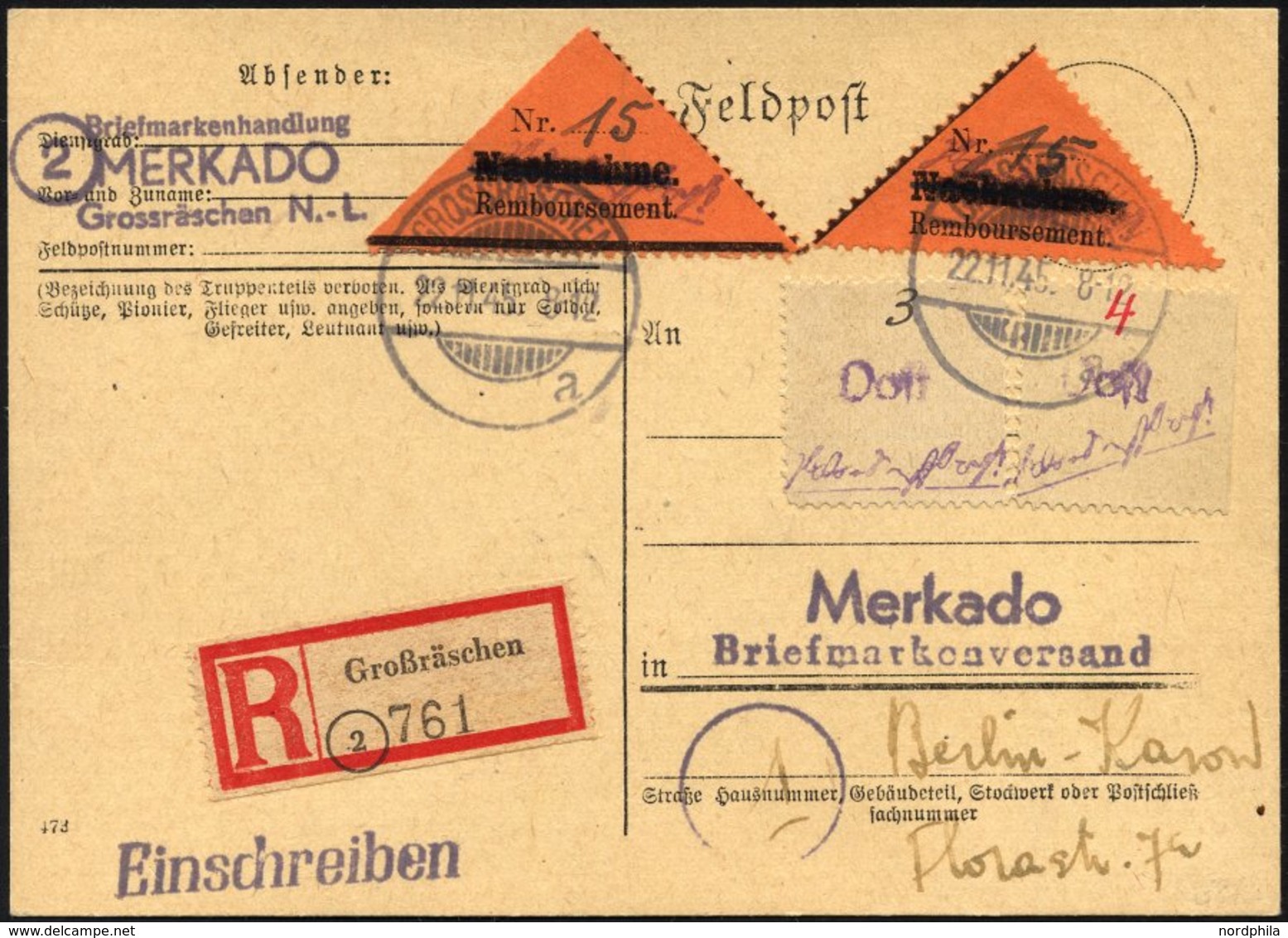 GROSSRÄSCHEN-VORLÄUFER V 2AI BRIEF, 1945, 15 Pf. Schwarz Auf Bräunlichrot, Nachnahme In Antiqua, 2x Mit Zusatzfrankatur  - Privatpost