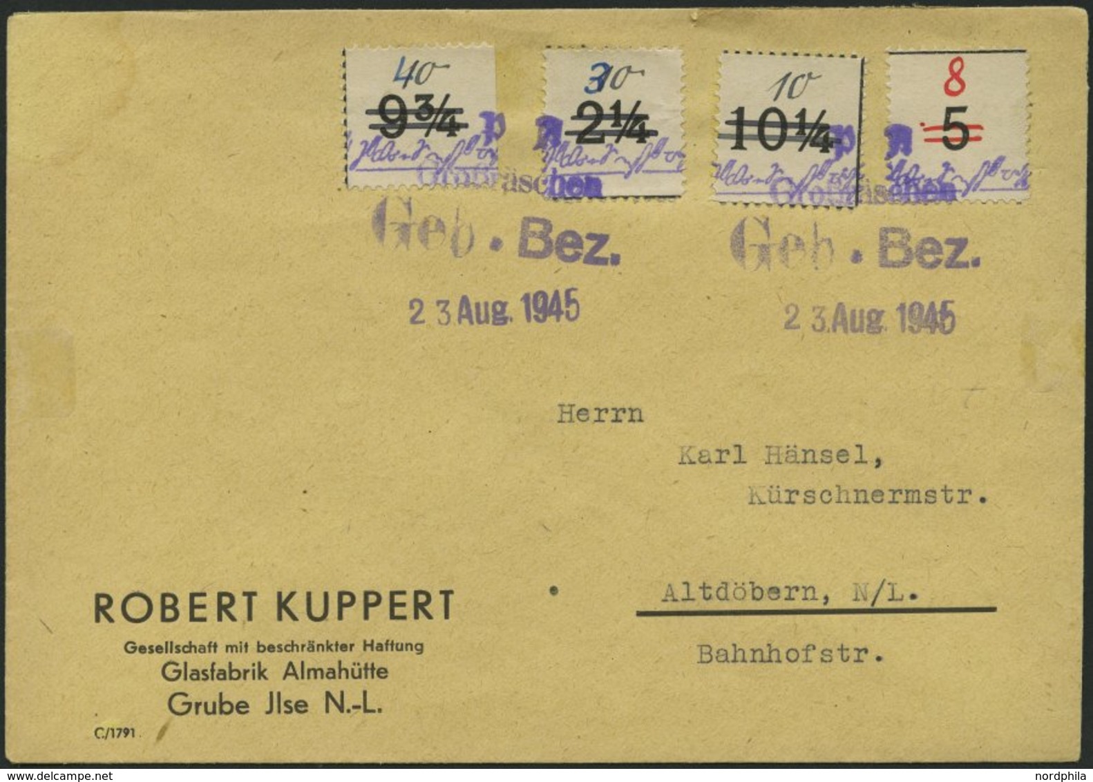 GROSSRÄSCHEN-VORLÄUFER V 7,9I,23,27 BRIEF, 1945, 30 Pf. Uhrzeitklebezettel Mit Abart Wertangabe 10 Verbessert In 30 Mit  - Postes Privées & Locales