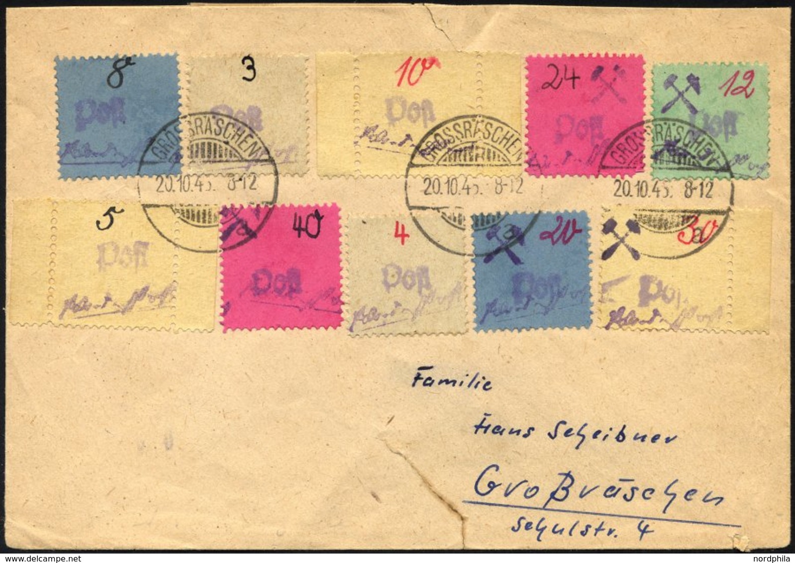 GROSSRÄSCHEN 3S,6S,10S BRIEF, 1945, 5 Und 10 Pf. Mit Beiden Seitenrändern, 30 Pf. Mit Rechtem Seitenrand, Prachtsatz Mit - Correos Privados & Locales