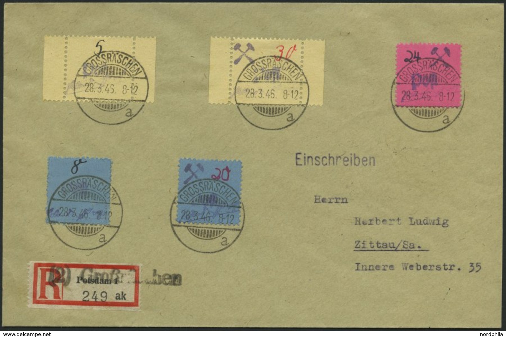 GROSSRÄSCHEN 3S,10S BRIEF, 1946, 5 Und 30 Pf. Gebührenmarken Aus Streifen Mit Zusatzfrankatur Auf Einschreibbrief, Prach - Posta Privata & Locale