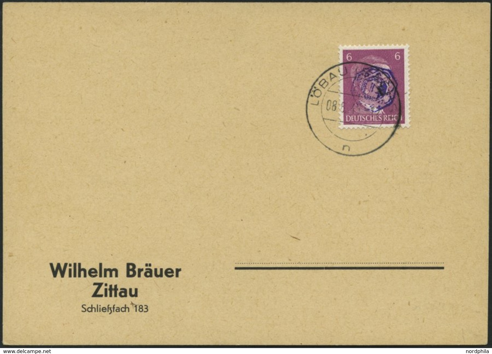 LÖBAU 1 BRIEF, 1945, 6 Pf. Hitler Mit Blauviolettem Echten Aufdruck Auf Bräuer-Blancokarte, Stempel LÖBAU N (derzeit Nic - Posta Privata & Locale