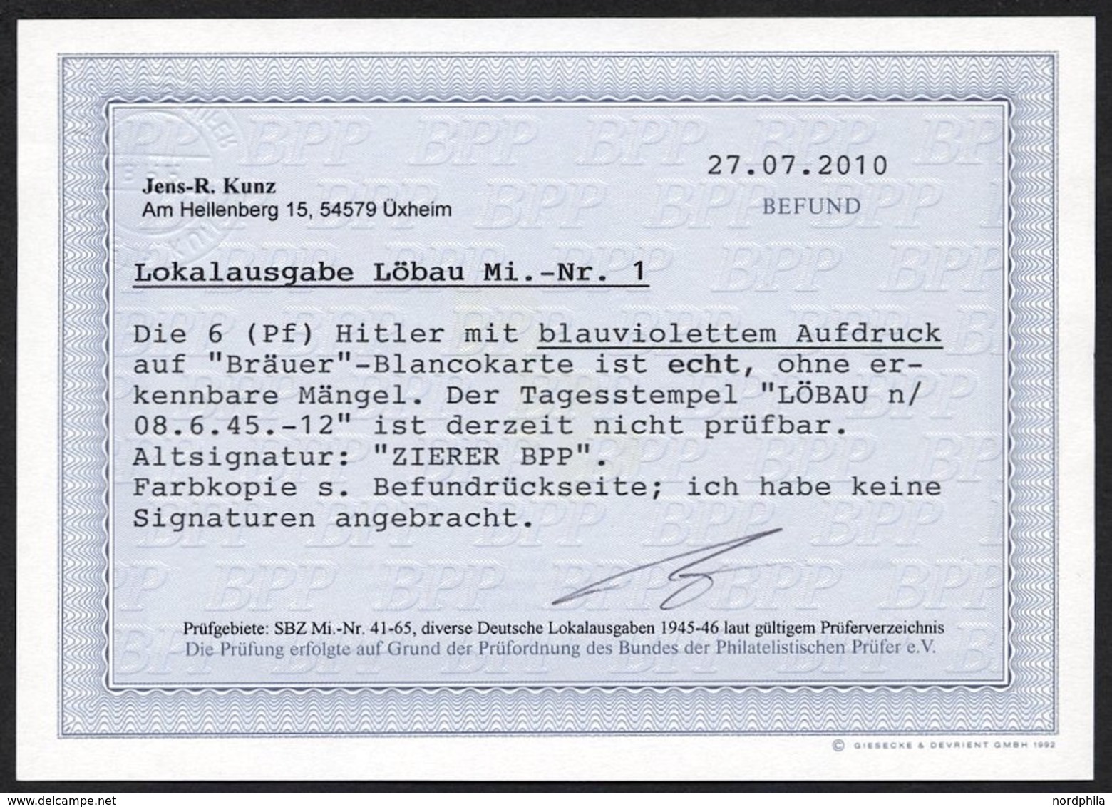 LÖBAU 1 BRIEF, 1945, 6 Pf. Hitler Mit Blauviolettem Echten Aufdruck Auf Bräuer-Blancokarte, Stempel LÖBAU N (derzeit Nic - Posta Privata & Locale