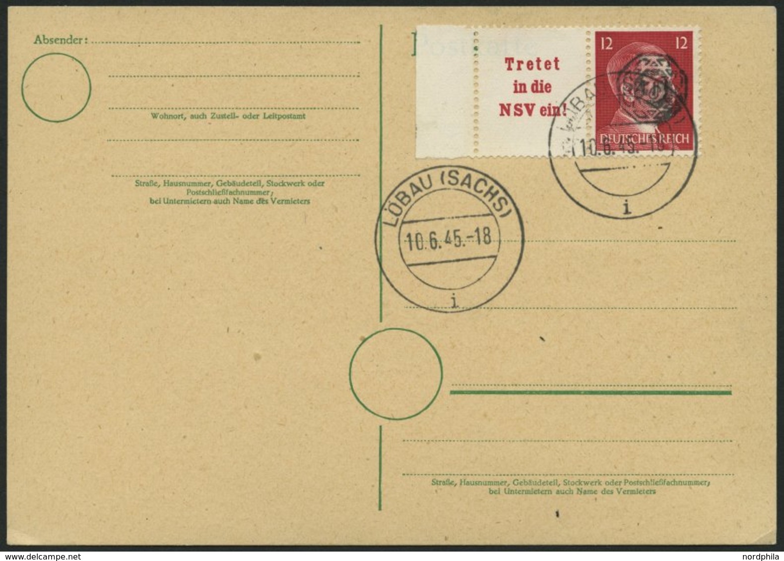 LÖBAU W 157 BRIEF, 1945, Hitler A15.2 + 12 Auf Leer Gestempelter Karte, Pracht, Gepr. Zierer (als Briefstück Signiert) - Privatpost