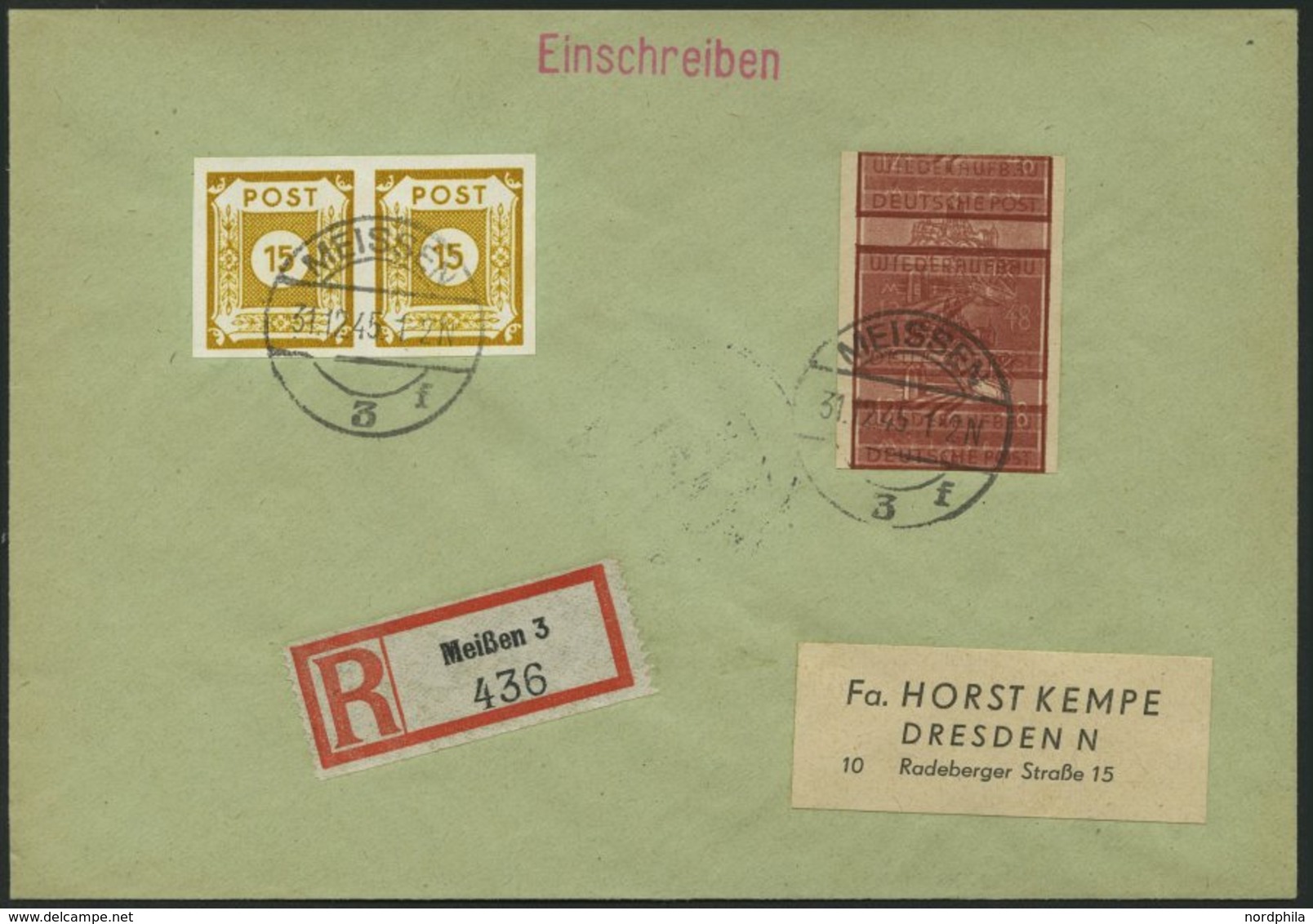 MEISSEN 38aBDD BRIEF, 1945, 12 Pf. Braunrot Wiederaufbau, Ungezähnt, Doppeldruck, Mit Zusatzfrankatur Auf Kempe-Einschre - Posta Privata & Locale