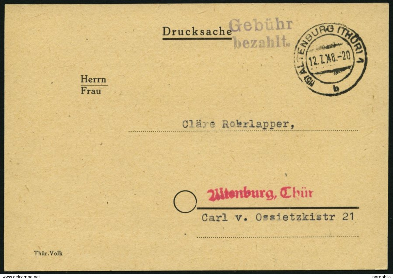 ALL. BES. GEBÜHR BEZAHLT ALTENBURG (THÜR), 12.7.48, L2 Gebühr Bezahlt. Auf Lottokarte, Pracht - Otros & Sin Clasificación