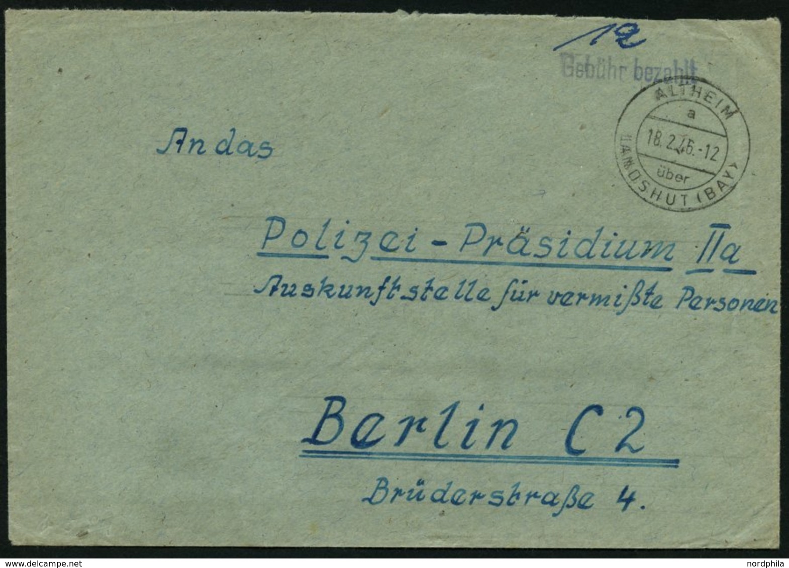 ALL. BES. GEBÜHR BEZAHLT ALTHEIM über LANDSHUT (BAY), 18.2.46, L1 Gebühr Bezahlt, Brief Feinst - Sonstige & Ohne Zuordnung