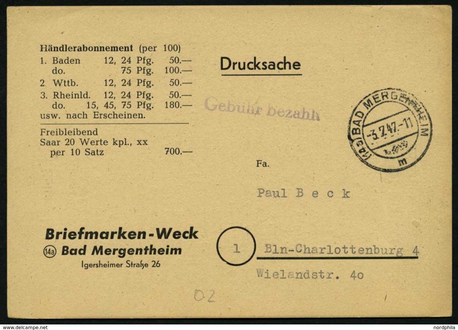 ALL. BES. GEBÜHR BEZAHLT BAD MERGENTHEIM, 3.7.47, Violetter L1 Gebühr Bezahlt, Drucksachenkarte, Pracht - Otros & Sin Clasificación