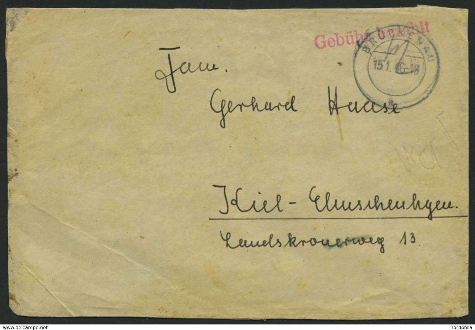 ALL. BES. GEBÜHR BEZAHLT BRÜCKENAU, 15.1.46, Roter R1 Gebühr Bezahlt, Brief Feinst - Otros & Sin Clasificación