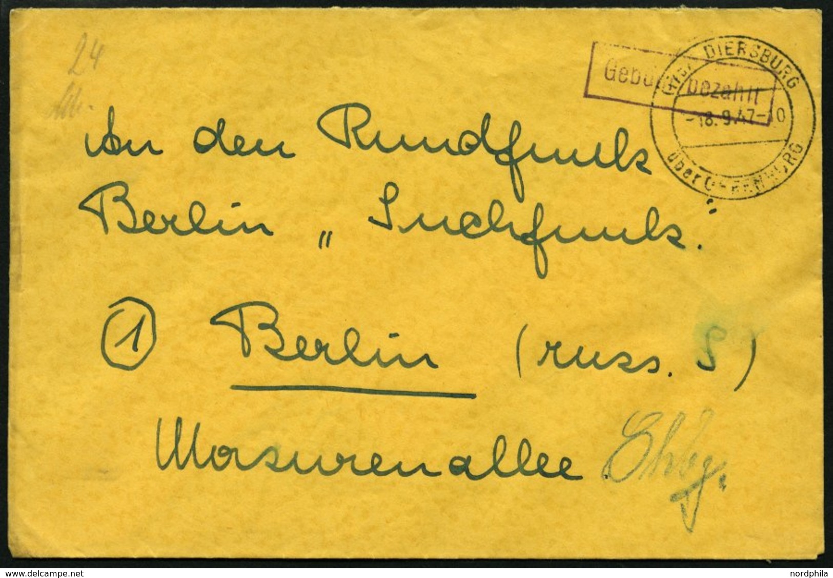 ALL. BES. GEBÜHR BEZAHLT DIERSBURG über Offenburg, 18.9.47, Violetter R1 Gebühr Bezahlt, Handschriftlich 24 Und Signum,  - Sonstige & Ohne Zuordnung