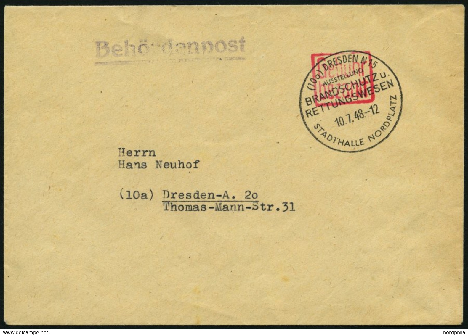 ALL. BES. GEBÜHR BEZAHLT DRESDEN BRANDSCHUTZ U. RETTUNGSWESEN, 10.7.48, Roter Quadratischer R 2 Gebühr Bezahlt, Behörden - Other & Unclassified