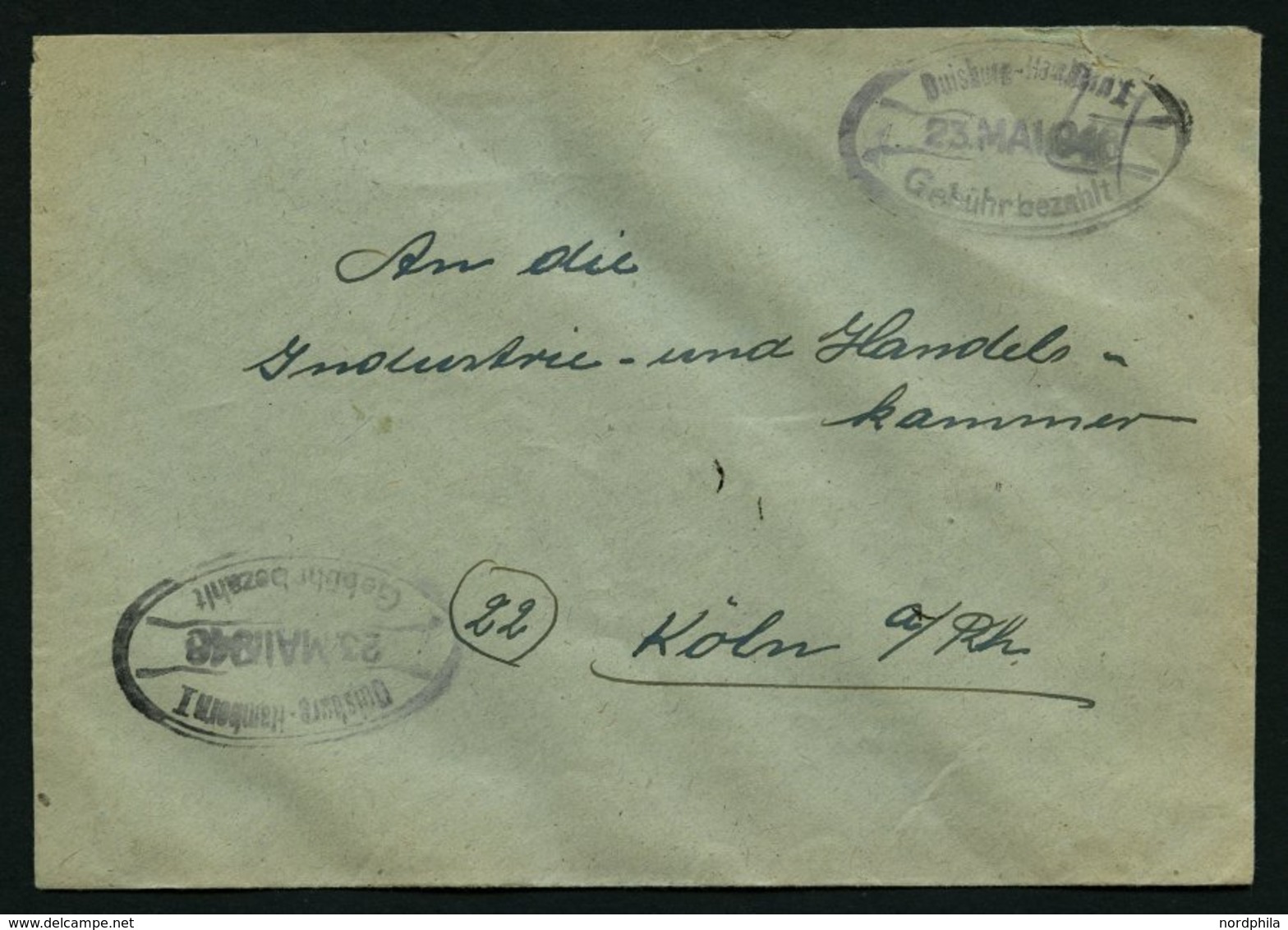 ALL. BES. GEBÜHR BEZAHLT DUISBURG HAMBORN I Gebühr Bezahlt, 23. Mai 1946, Ovalstempel, Auf Geschäftsbrief, Pracht - Other & Unclassified