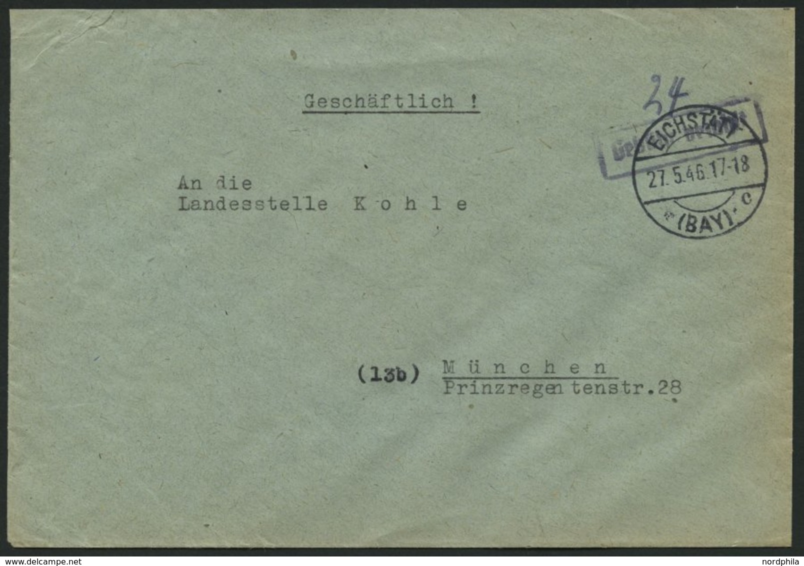 ALL. BES. GEBÜHR BEZAHLT EICHSTÄTT (BAY), 27.5.46, R1 Gebühr Bezahlt, Handschriftlich 24, Geschäftsbrief Feinst - Otros & Sin Clasificación