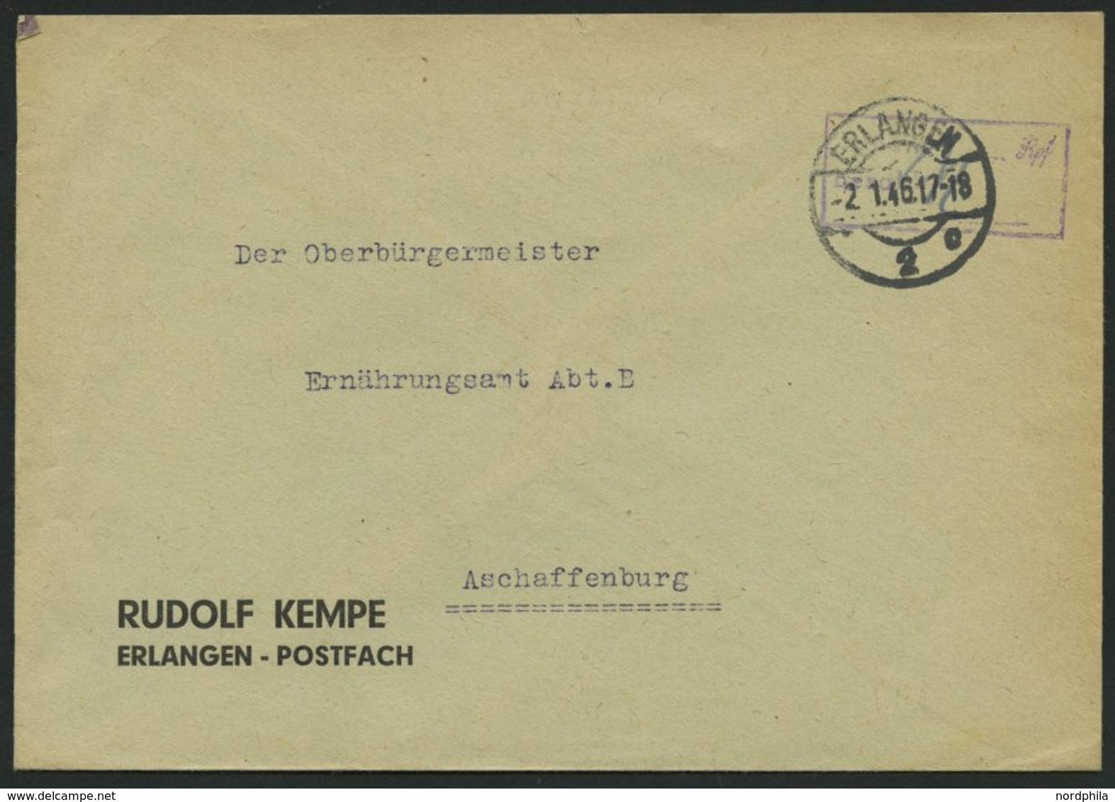 ALL. BES. GEBÜHR BEZAHLT ERLANGEN, 2.1.46, Violetter R2 Gebühr Bezahlt/-Rpf., 24 Handschriftlich, Prachtbrief - Sonstige & Ohne Zuordnung