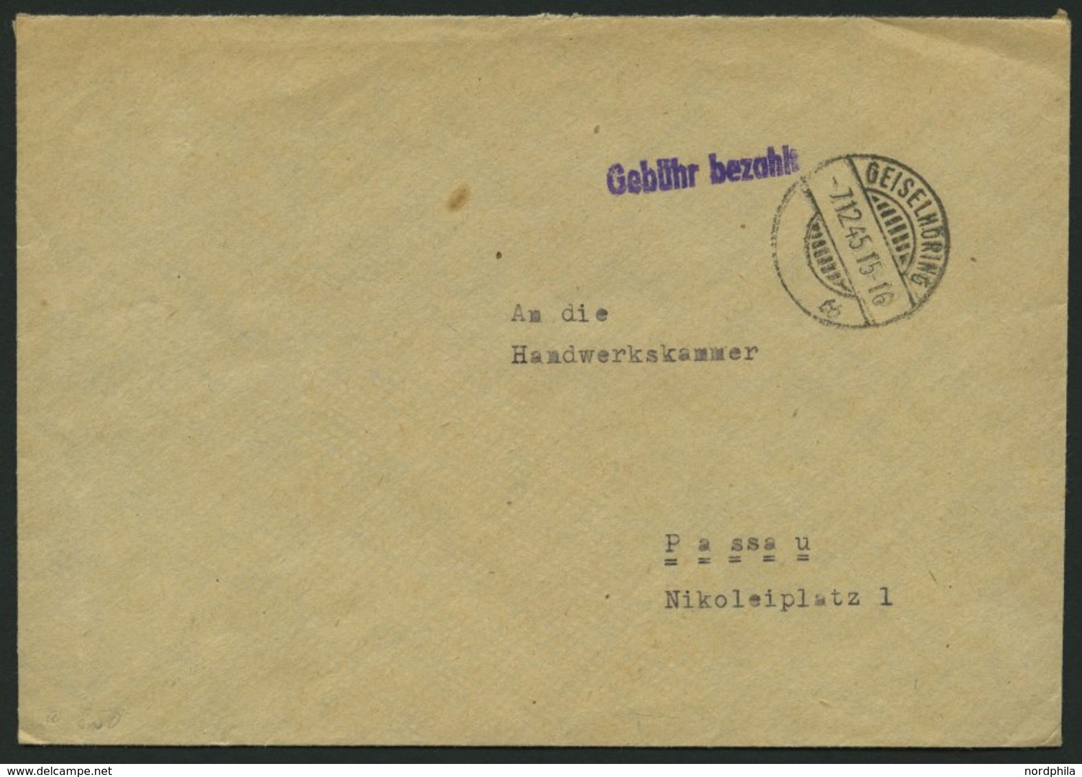 ALL. BES. GEBÜHR BEZAHLT GEISELHÖRING, 7.12.45, Violetter L1 Gebühr Bezahlt, Brief Feinst - Otros & Sin Clasificación