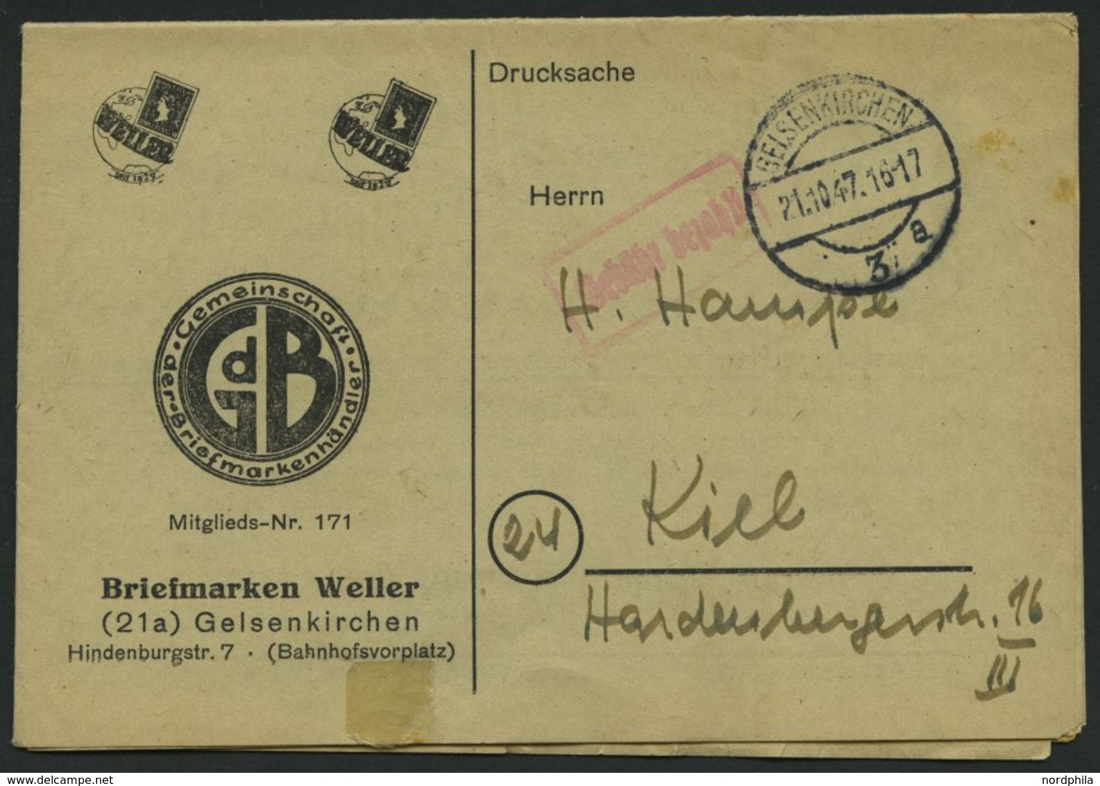 ALL. BES. GEBÜHR BEZAHLT GELSENKiRCHEN, 21.10.47, Roter R1 Gebühr Bezahlt, Auf Mehrseitiger Drucksachen-Werbebroschüre E - Otros & Sin Clasificación