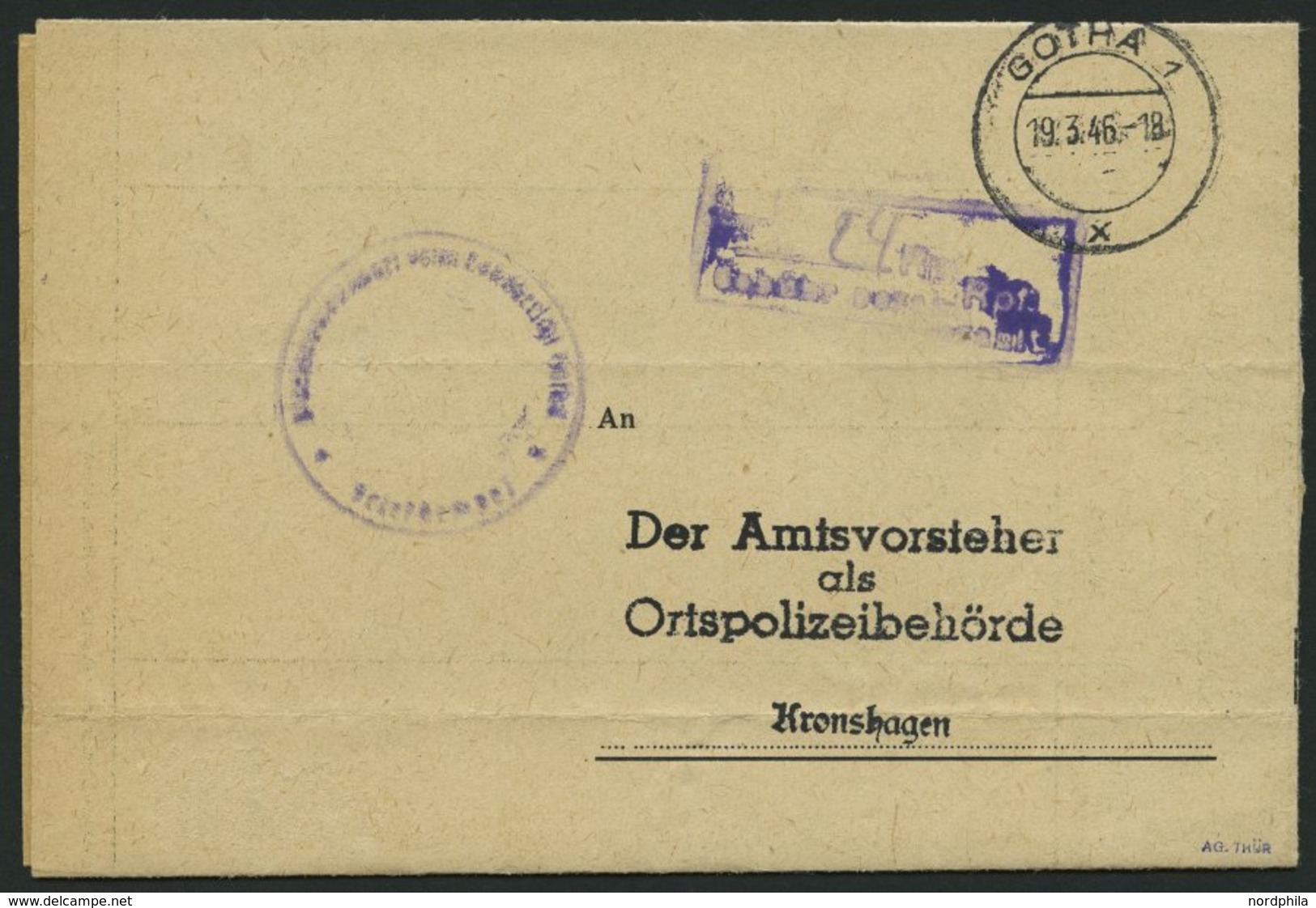 ALL. BES. GEBÜHR BEZAHLT GOTHA, 19.3.46, Violetter R2 Rpf/Gebühr Bezahlt, Ausgefüllt Mit 24, Behördenbrief, Feinst - Sonstige & Ohne Zuordnung