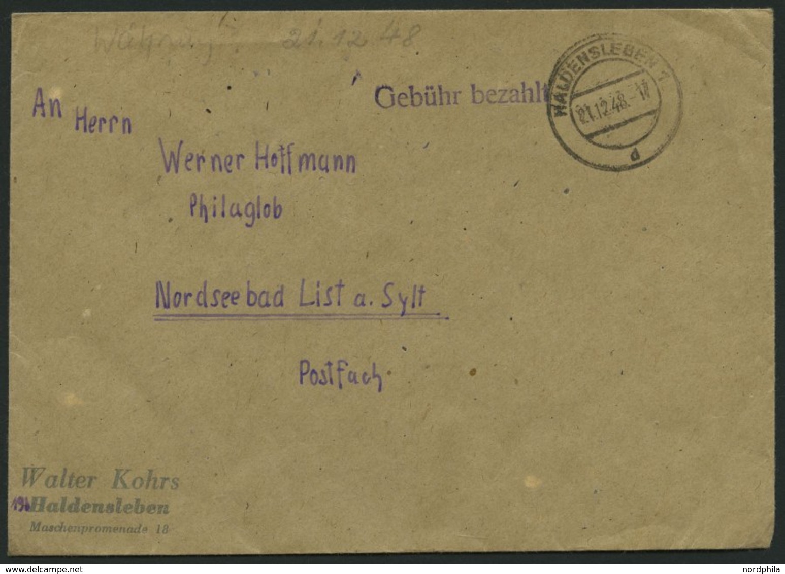 ALL. BES. GEBÜHR BEZAHLT HALDENSLEBEN 1, 21.12.48, Violetter L1 Gebühr Bezahlt, Brief Feinst - Sonstige & Ohne Zuordnung