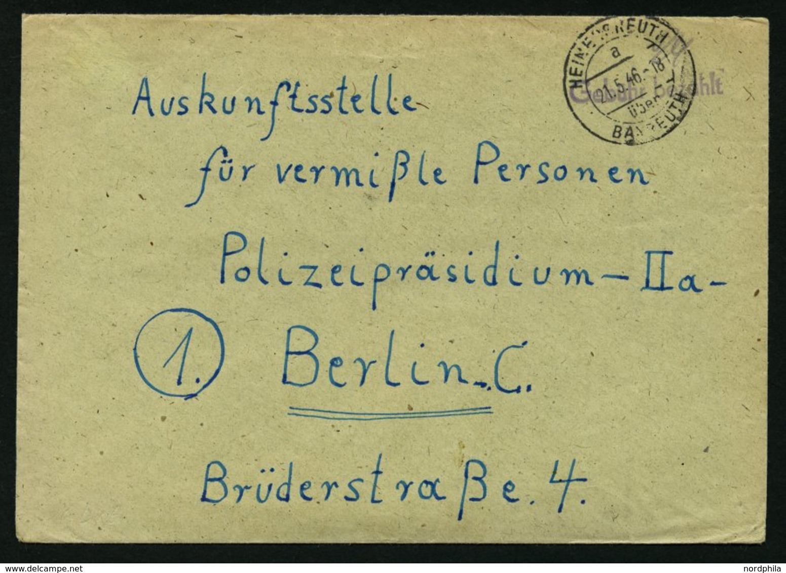 ALL. BES. GEBÜHR BEZAHLT HEINERSREUTH über BAYREUTH, 21.5.46, Violetter L1 Gebühr Bezahlt, Prachtbrief - Other & Unclassified