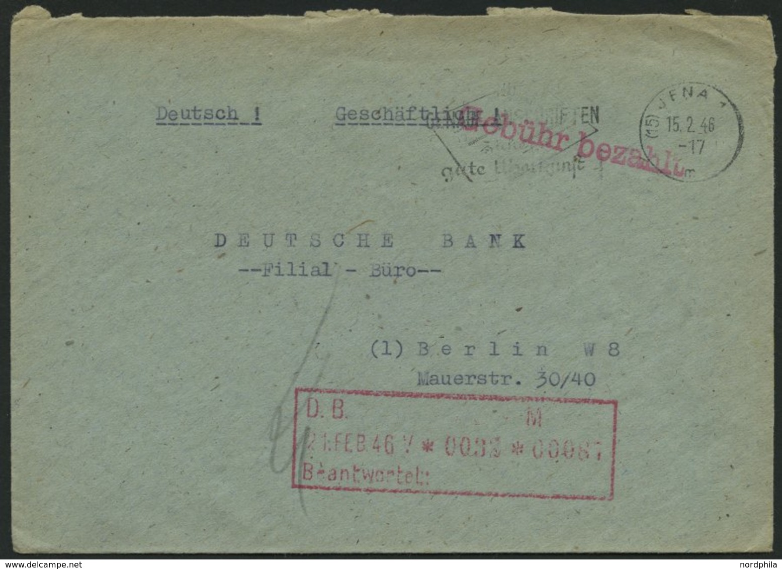 ALL. BES. GEBÜHR BEZAHLT JENA, 15.2.46, Roter L1 Gebühr Bezahlt, Prachtbrief - Otros & Sin Clasificación