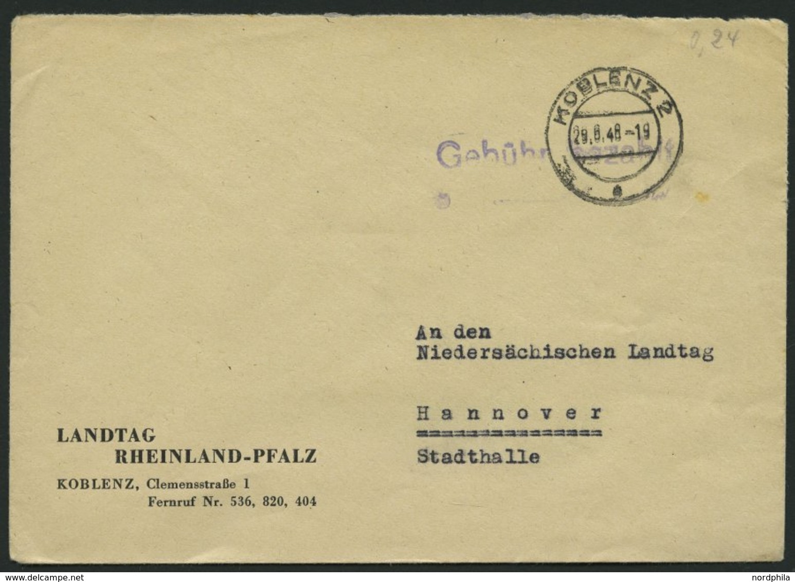 ALL. BES. GEBÜHR BEZAHLT KOBLENZ, 29.8.48, Violetter L1 Gebühr Bezahlt, Brief Feinst - Altri & Non Classificati