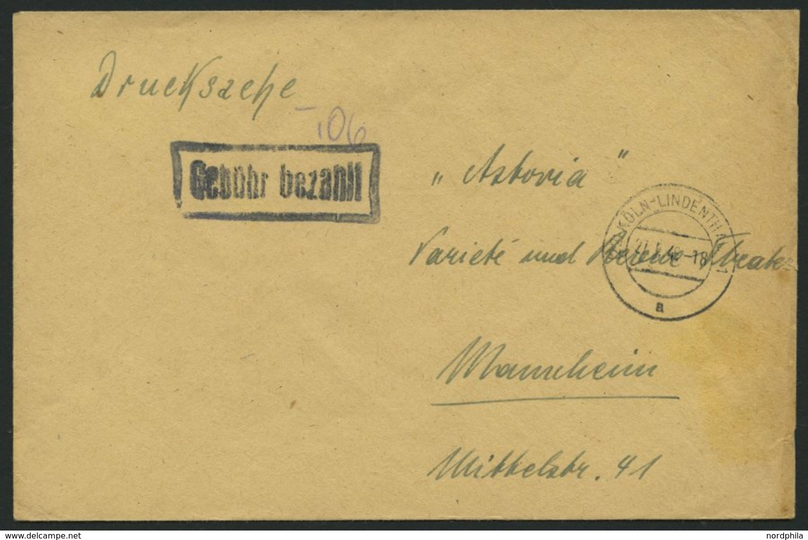 ALL. BES. GEBÜHR BEZAHLT KÖLN-LINDENTHAL, 24.6.46, R1 Gebühr Bezahlt, Drucksachenbrief, Feinst - Sonstige & Ohne Zuordnung