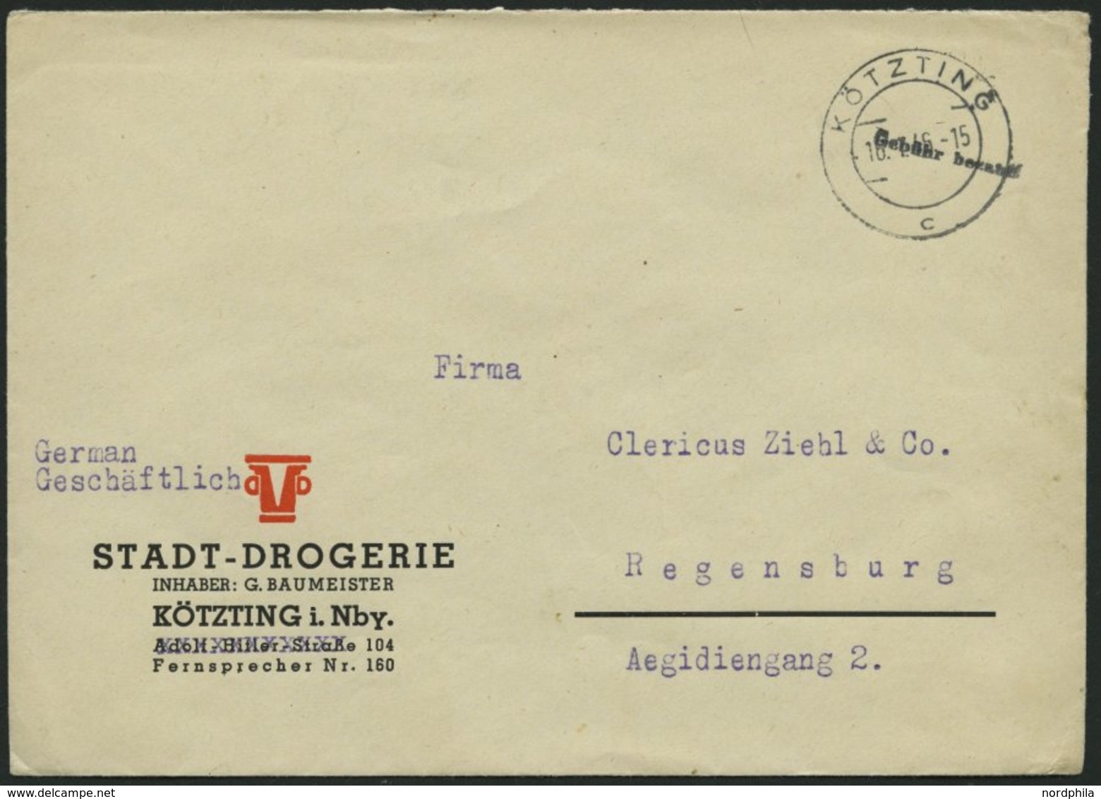 ALL. BES. GEBÜHR BEZAHLT KÖTZING, 16.7.46, Kleiner L1 Gebühr Bezahlt, Prachtbrief - Otros & Sin Clasificación